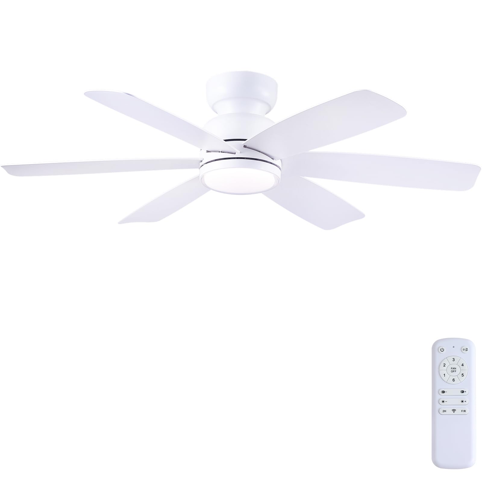 Kviflon 46 Inch Modern Ceiling Fans with Lights Remote Control, Low Profile Ceiling Fan, 6 Reversible Plastic Blades, 6 Speeds 3 CCT Dimmable LED Lights Double Lampshade for Bedroom Living Room, White