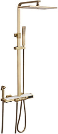 Thermostatic Shower Faucet Set, Rainfall Shower Head with Handheld, Antique Brass Bathroom Shower Fixture, Exposed Shower System with Dual Shower Head, Tub Spout and Hand Bidet Sprayer