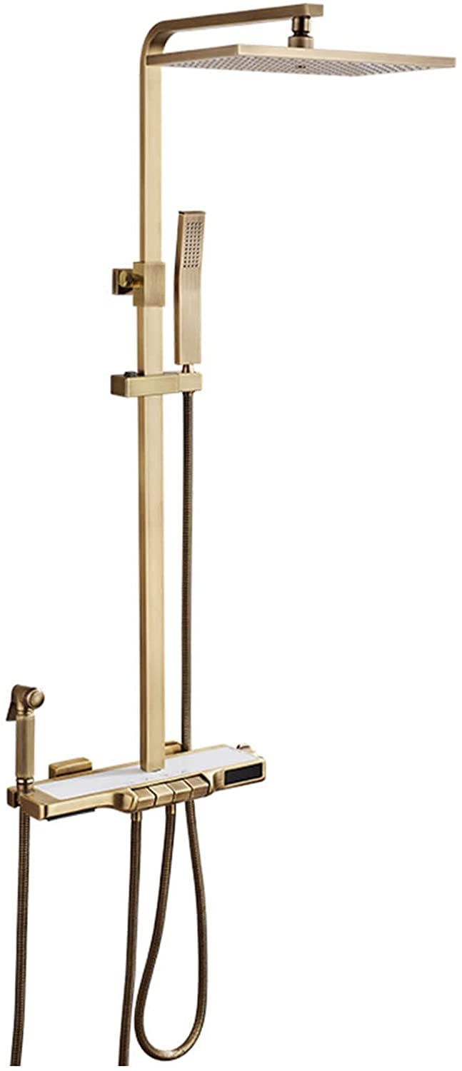 Thermostatic Shower Faucet Set, Rainfall Shower Head with Handheld, Antique Brass Bathroom Shower Fixture, Exposed Shower System with Dual Shower Head, Tub Spout and Hand Bidet Sprayer
