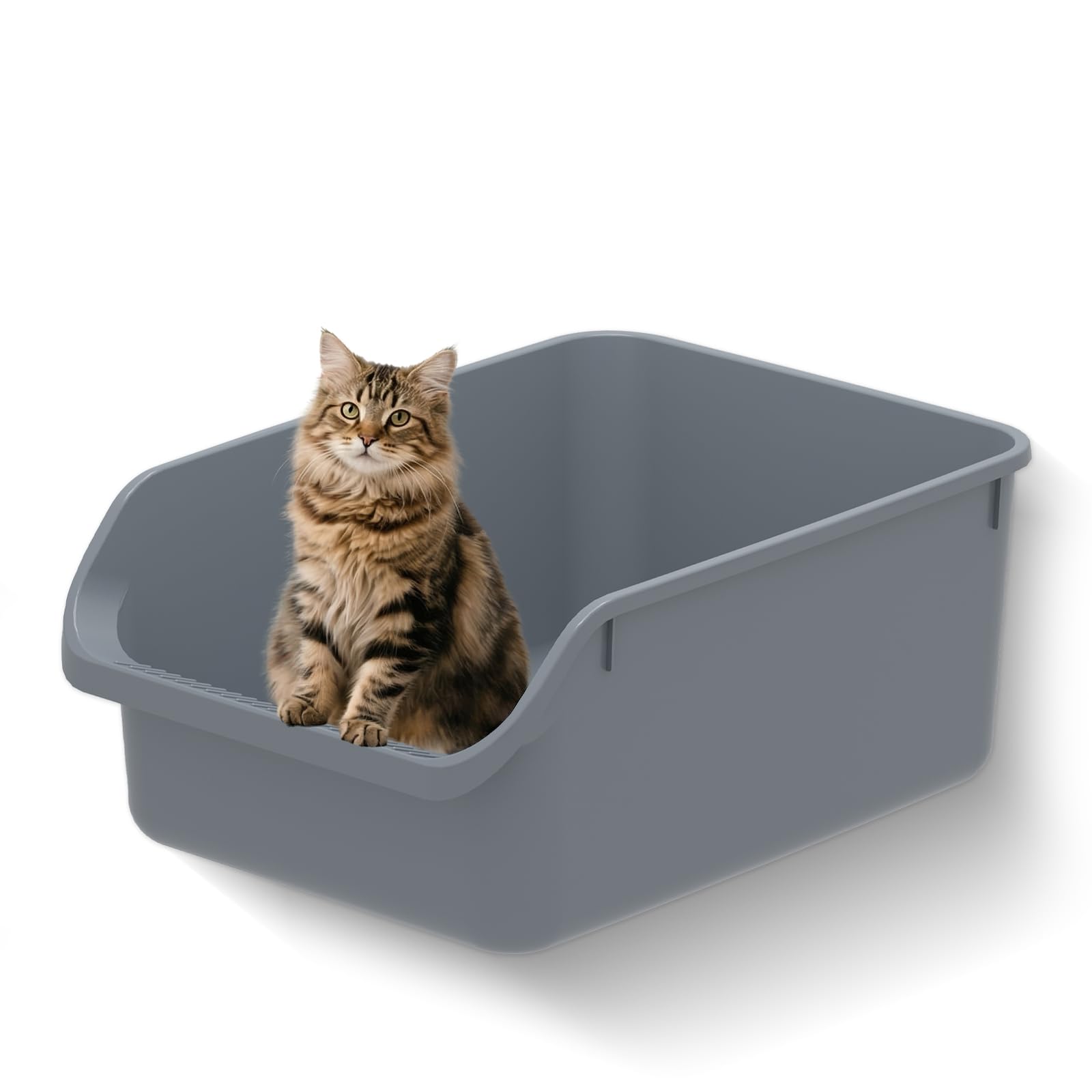 Large Cat Litter Box with High Sides,Durable Open Top Cat Litter Pan for Kitty,Plastic Indoor Big Cat Box with High Wall,Senior Cat Toilet with Low Entry,Easy to Clean,Anti-Splashing(Grey)