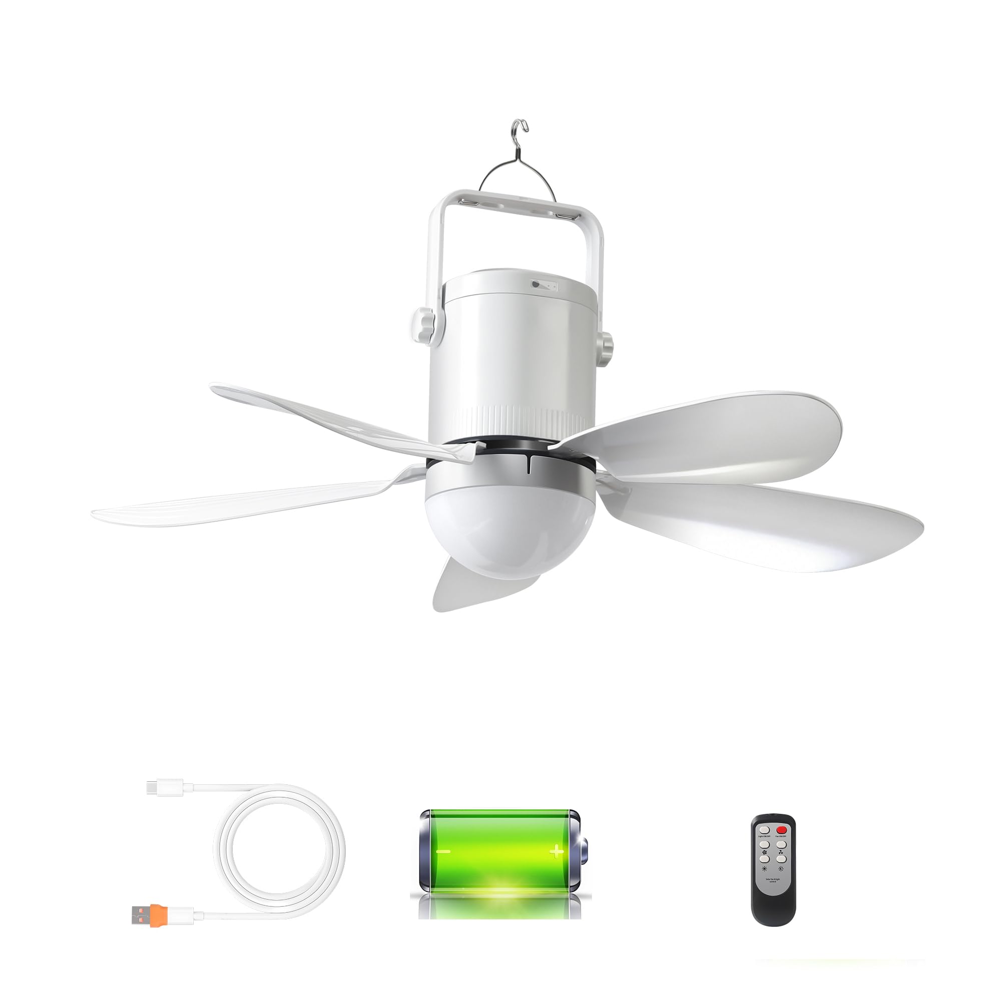 HZZ 21'' Ceiling Fan with Light, 21600mAh Rechargeable Battery, USB-C Fast Charge, DC Brushless Quiet Fan, RF Remote, 3 Installation Modes, for Gazebo, Patio, Camping Tent, Garage, RV, Emergency Use