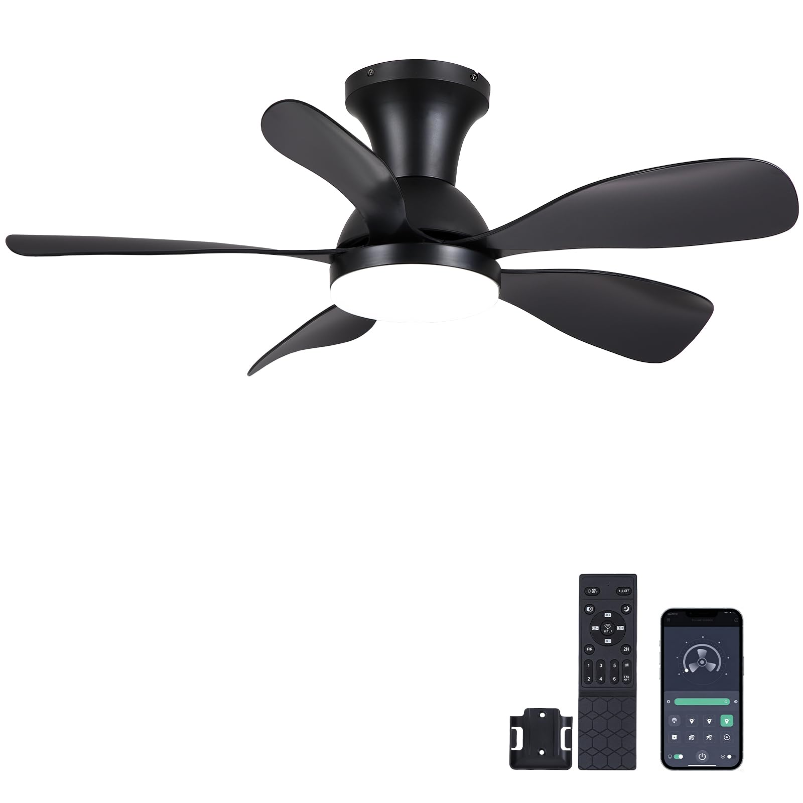 NKPU 33Inch Black Low Profile Ceiling Fans with Lights and Remote/APP Control, Reversible DC Motor, 6 Speeds, Modern Flush Mount Ceiling Fan with 5 Blades for Outdoor Patio,Small Room,Bedroom