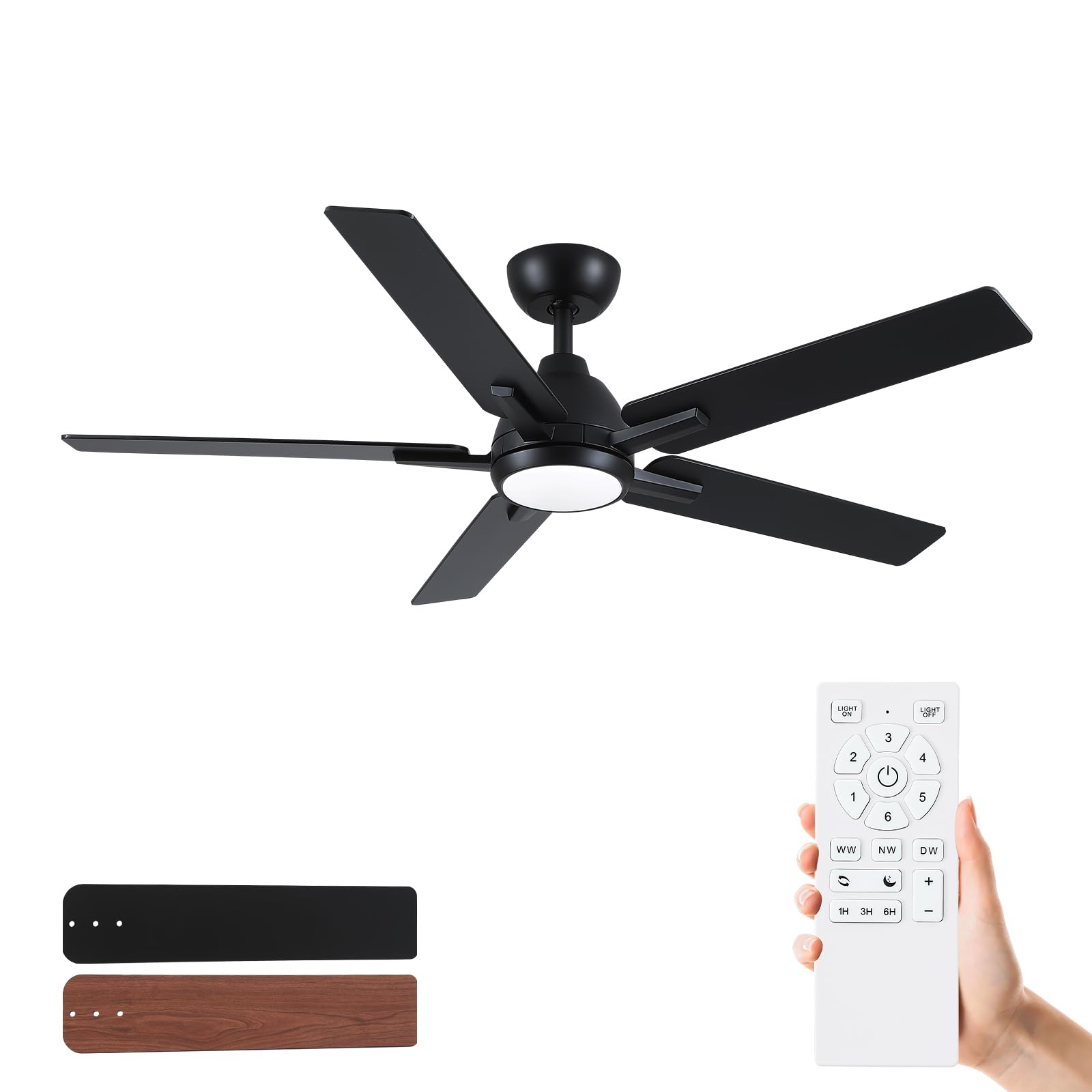 Sevenine 52 Inch Black Ceiling Fan with Light & Remote, Modern Ceiling Fan with 5 Blades & Downrod for Bedroom/Living Room/Kitchen, 6-Speed Reversible DC Motor, 3CCT Dimmable Noiseless, ETL Listed