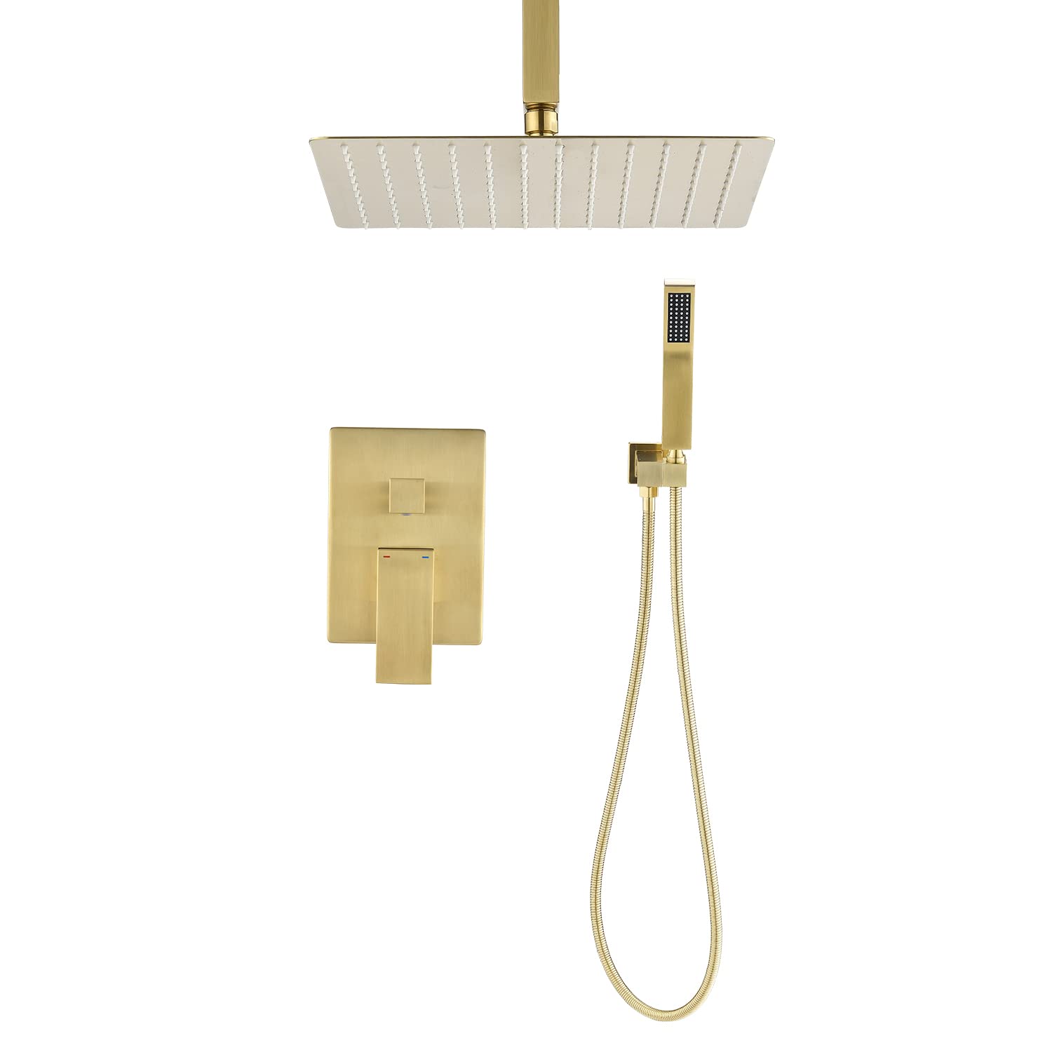 Kaimei Gold Rainfall Shower System with Handheld & 12-Inch Shower Head, Ceiling Mount Bathroom Fixture for Spa-Like Experience