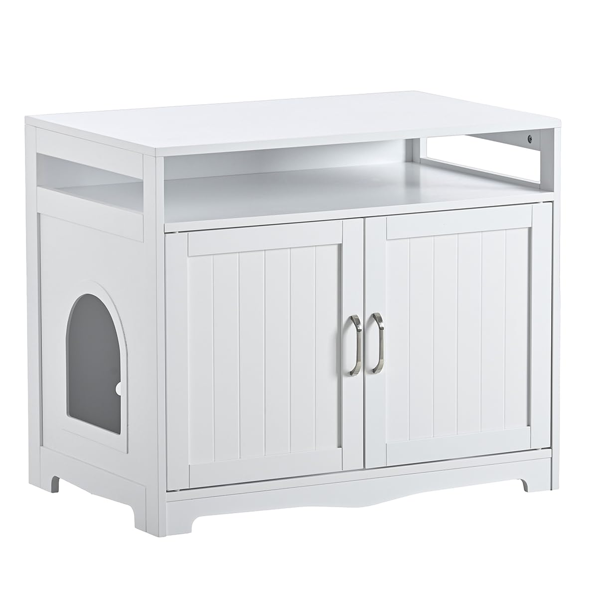 31.5" L White Cat Litter Box Enclosure with Hidden Plug & 2 Doors, Indoor Large Cat Washroom Storage Bench Side Table