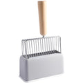 11 in Long Handle Cat Litter Scoop Set, Gray Metal, Rustproof 6.7 in Wide Sifter with Wooden Grip, Included Abs Base & Holder Stand