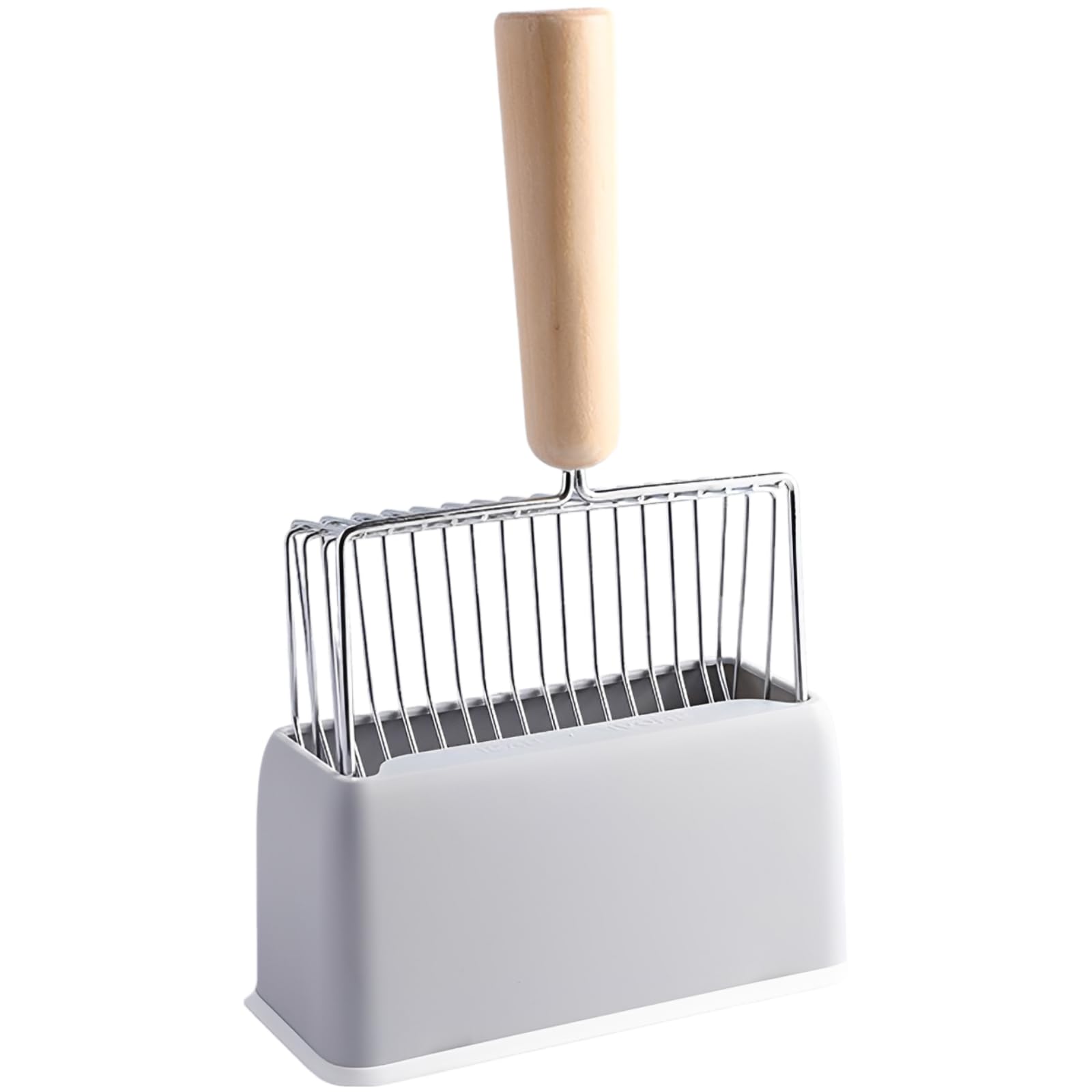 11 in Long Handle Cat Litter Scoop Set, Gray Metal, Rustproof 6.7 in Wide Sifter with Wooden Grip, Included Abs Base & Holder Stand