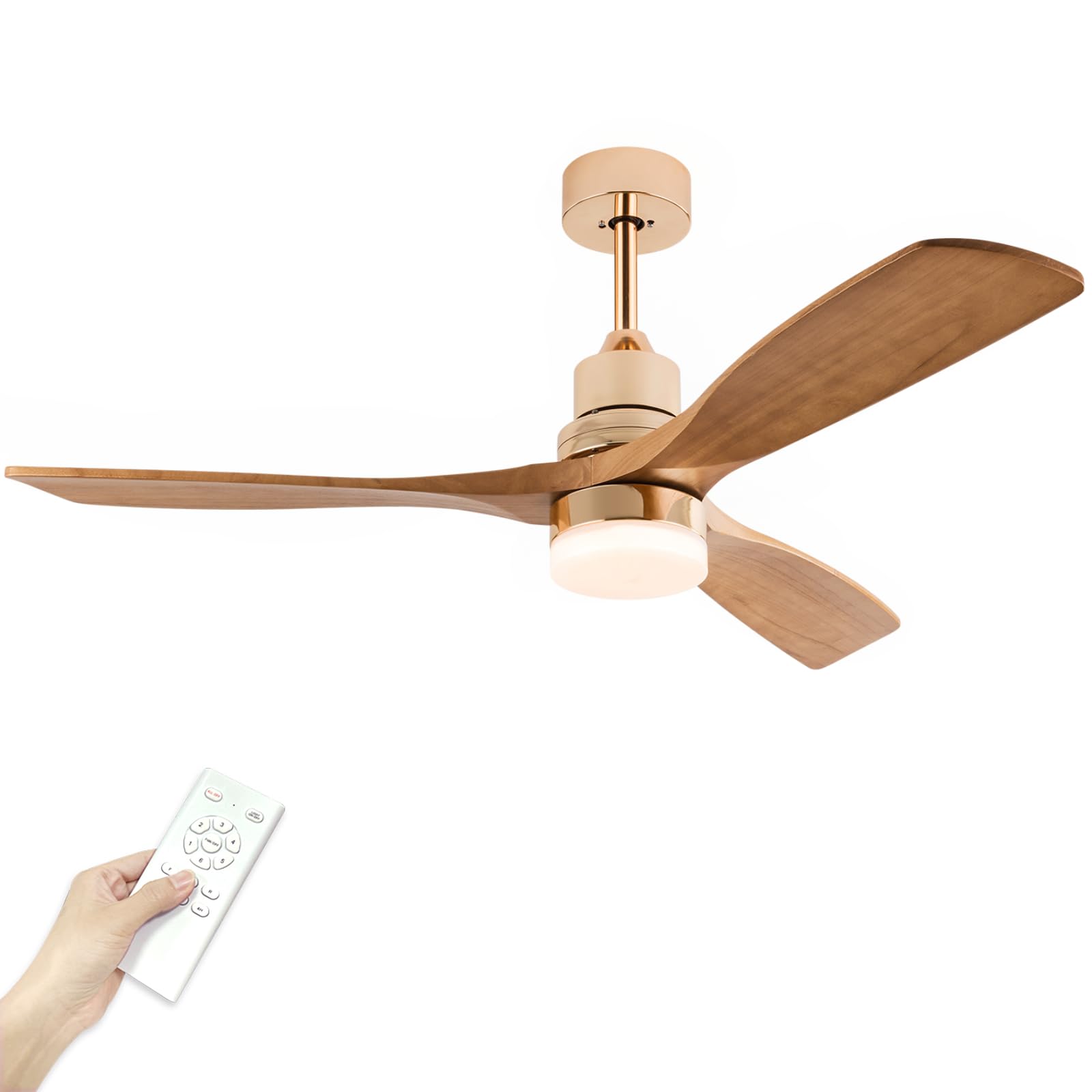 Modern Indoor Ceiling Fan with Light Remote Control,3 Solid Wood Blades,6 Speed DC Motor,22W Dual Color LED, Outdoor Ceiling Fan Chandelier for Living Room,Bedroom,Patio,Dining Room (Glossy Gold 48in)