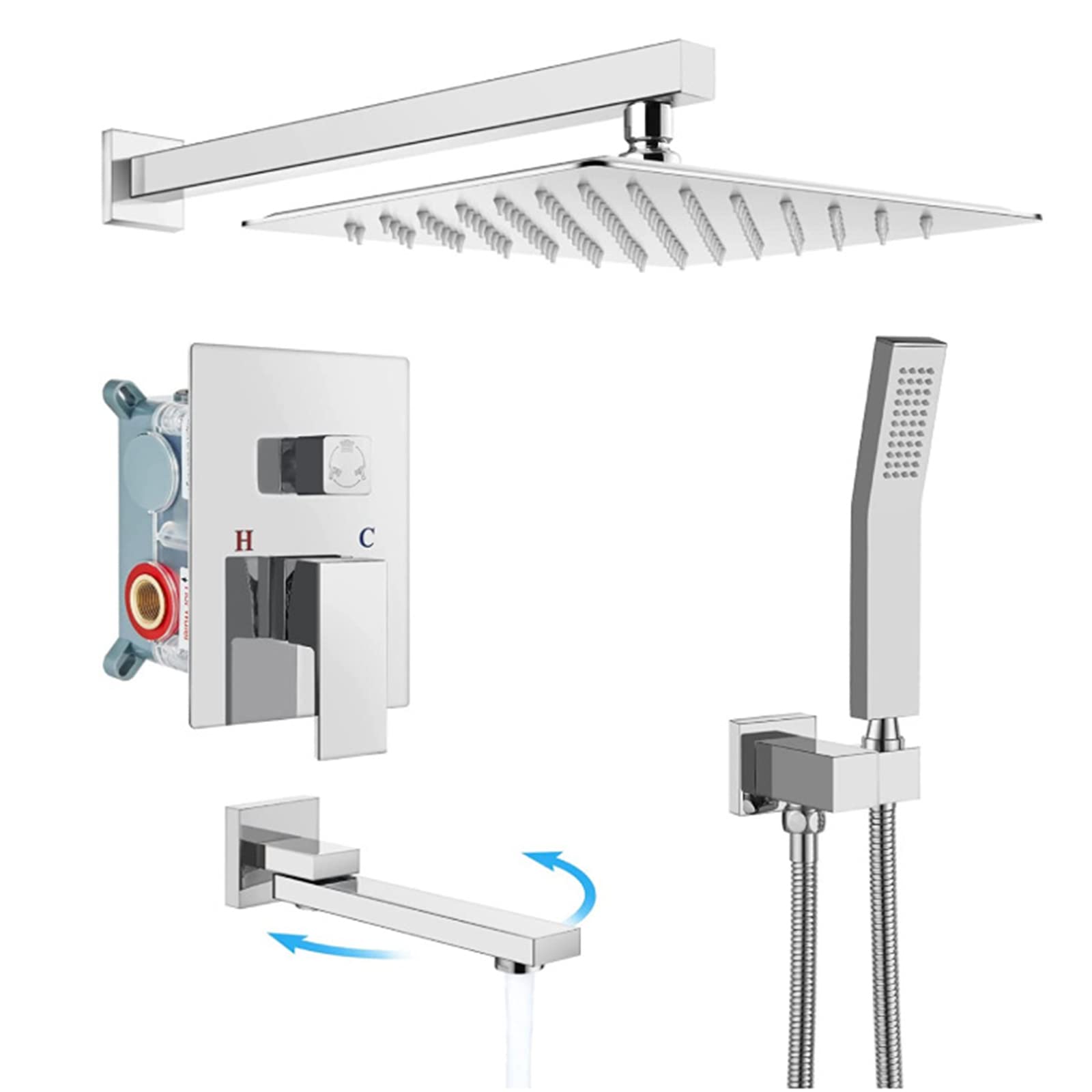 Wall Mounted Shower System with 180° Swivel Tub Spout Triple Function Shower Faucets Set 10-Inch Square Rainfall Shower Head with Handheld Shower Bathroom Shower Fixture (Chrome)