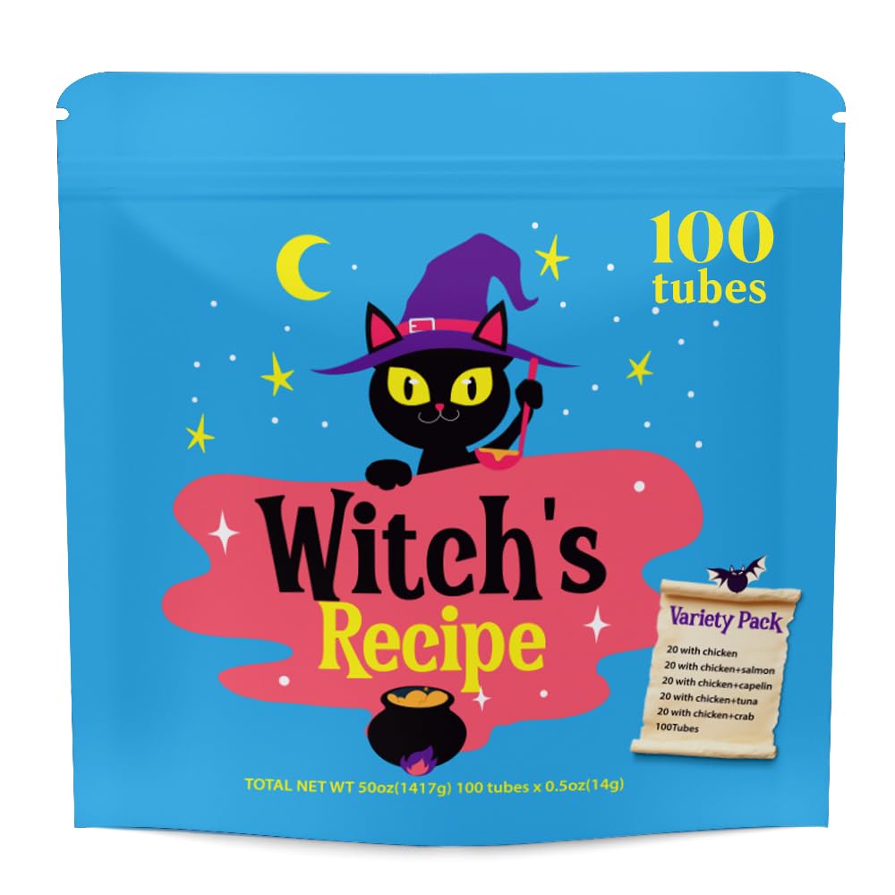 Lickable Cat Treats, Creamy Squeezable Puree, Grain-Free, 100 Tubes, Chicken Tuna Salmon goatmilk Capelin Flavors 0.5oz Each Tube