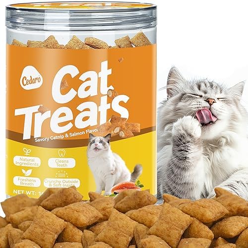 Soft & Crunchy Cat Treats with Real Salmon & Catnip, Dual Texture Cream-Filled Cat Snacks for Cats & Kittens, Training Rewards & Dental Support