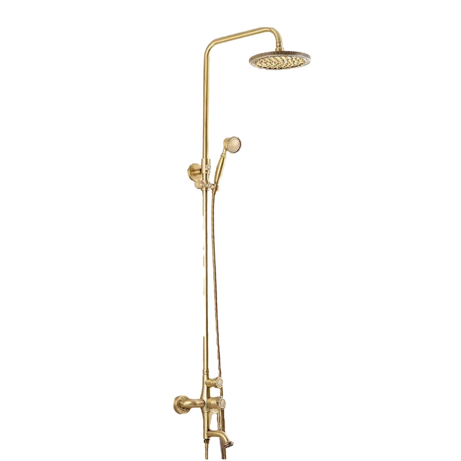 Antique Shower System Adjustable Height, Wall Mounted Shower Set Brass with Overhead Shower Head Tap, Retro Golden Shower Mixer Set for Bathroom Hotel Gym
