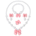 Princess Jewelry for Little Girls, Handmade Bow Pearl Kids Jewelry Set, Stretch Necklace Bracelets Rings and Clip on Earrings, Perfect for Dress Up, Birthday Parties, and Costume Play