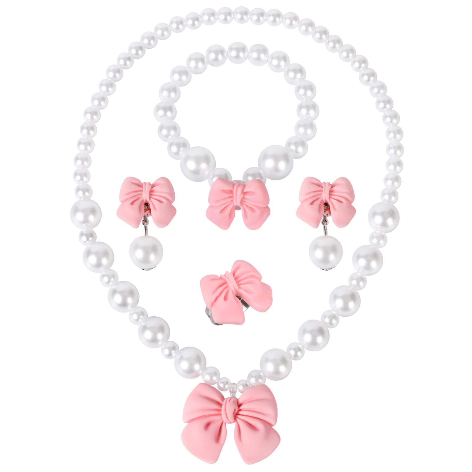 Princess Jewelry for Little Girls, Handmade Bow Pearl Kids Jewelry Set, Stretch Necklace Bracelets Rings and Clip on Earrings, Perfect for Dress Up, Birthday Parties, and Costume Play