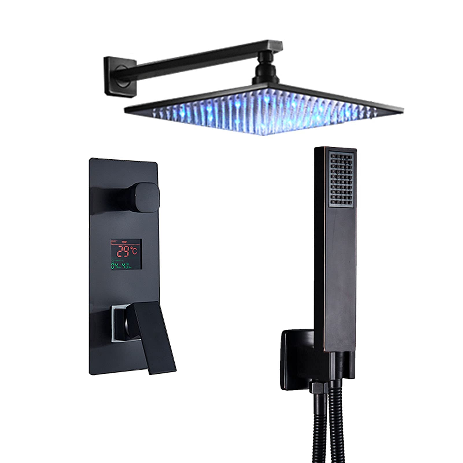 Shower System with Temperature Display Shower Valve, Led Rainfall Shower Head with Handheld Shower, Wall Mounted Bathroom Shower Faucet Set Black,16Inch