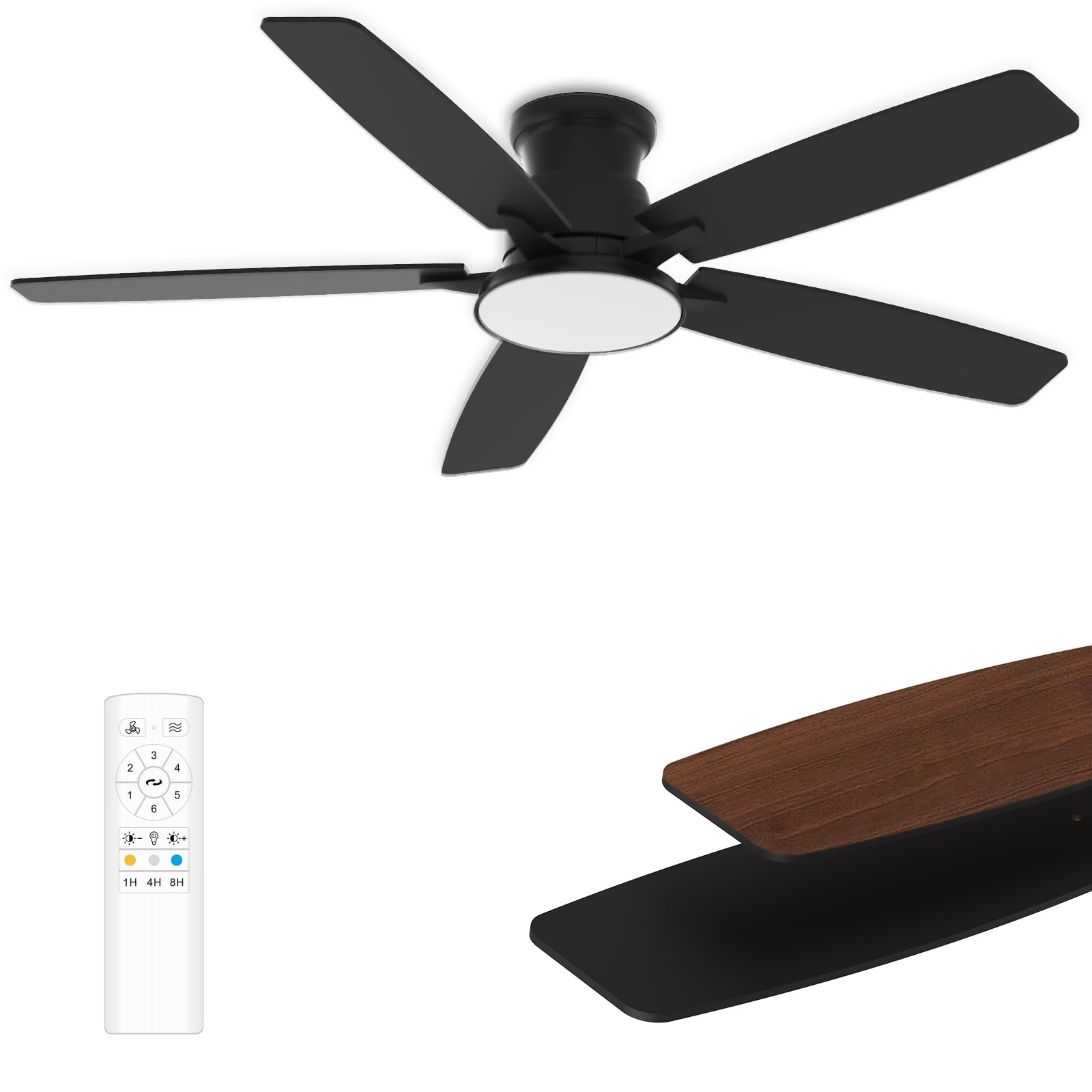 Flush Mount Ceiling Fan with Light, 52 Inch, Remote Control, 3CCT Dimmable LED, 6-Speed Silent Reversible DC Motor, Low Profile Hugger Ceiling Fan for Indoor/Outdoor 90-264V 50/60Hz Matte Black