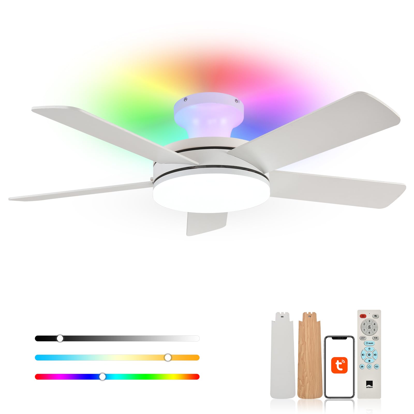 Orison Ceiling Fans with Lights, 45 Inch Low Profile Ceiling Fan with Light and Remote/APP Control, RGB Backlight & LED 3CCT Dimmable, DC Reversible Motor, 6 Speeds, 5 Reversible Blades White