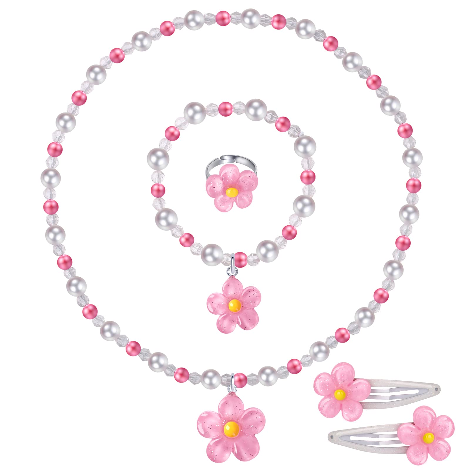 BGSHEMNI Girls Flower Jewelry Set - Toddler Dress up 5 Piece Pretend Plasy Toy Jewelry Box Set with Bead Necklace, Bracelet Ring and Hair Clips - Play Accessories - Ages 3+ Girl Birthday Gifts