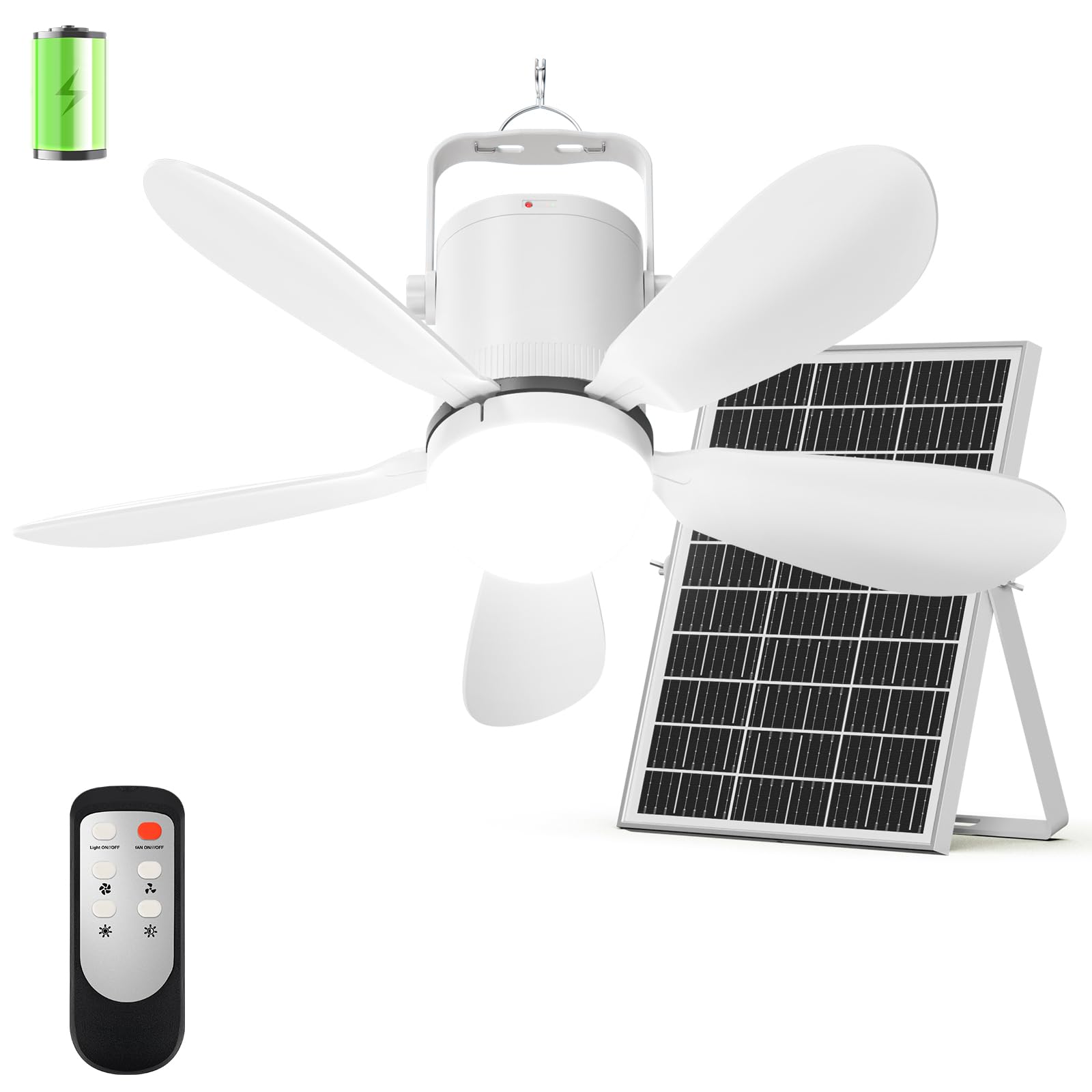 21” Solar Ceiling Fan with Light, Solar Gazebo Fan Light Outdoor with Remote, Portable Rechargeable Battery Operated Camping Fan, for Outside Canopy Tent Porch Patio Greenhouse RVs Pergola