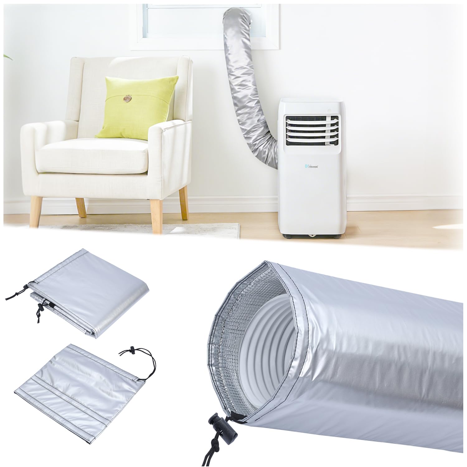 Portable AC Hose Insulation Sleeve,Upgraded 4-Layer Aluminum Foil Insulated Air Conditioner Hose Cover for 5" & 5.9" Exhaust Hose, Adjustable Length with Elastic Drawstrings, Energy Saving, Dustproof