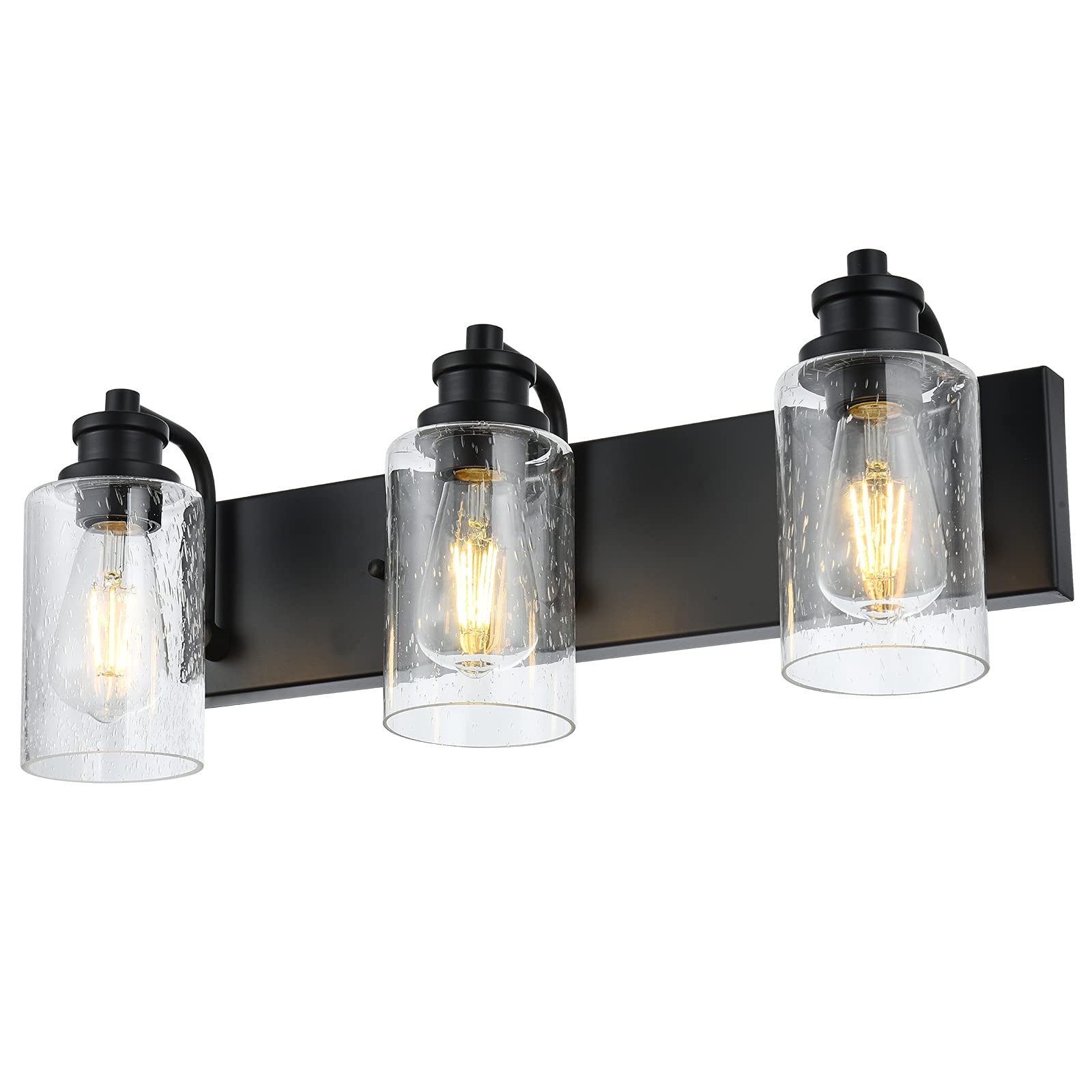 3 Lights Black Vanity Light Fixtures Over Mirror with Seedy Glass Shade,Industrial Wall Mount Lamp Metal Bathroom Lighting