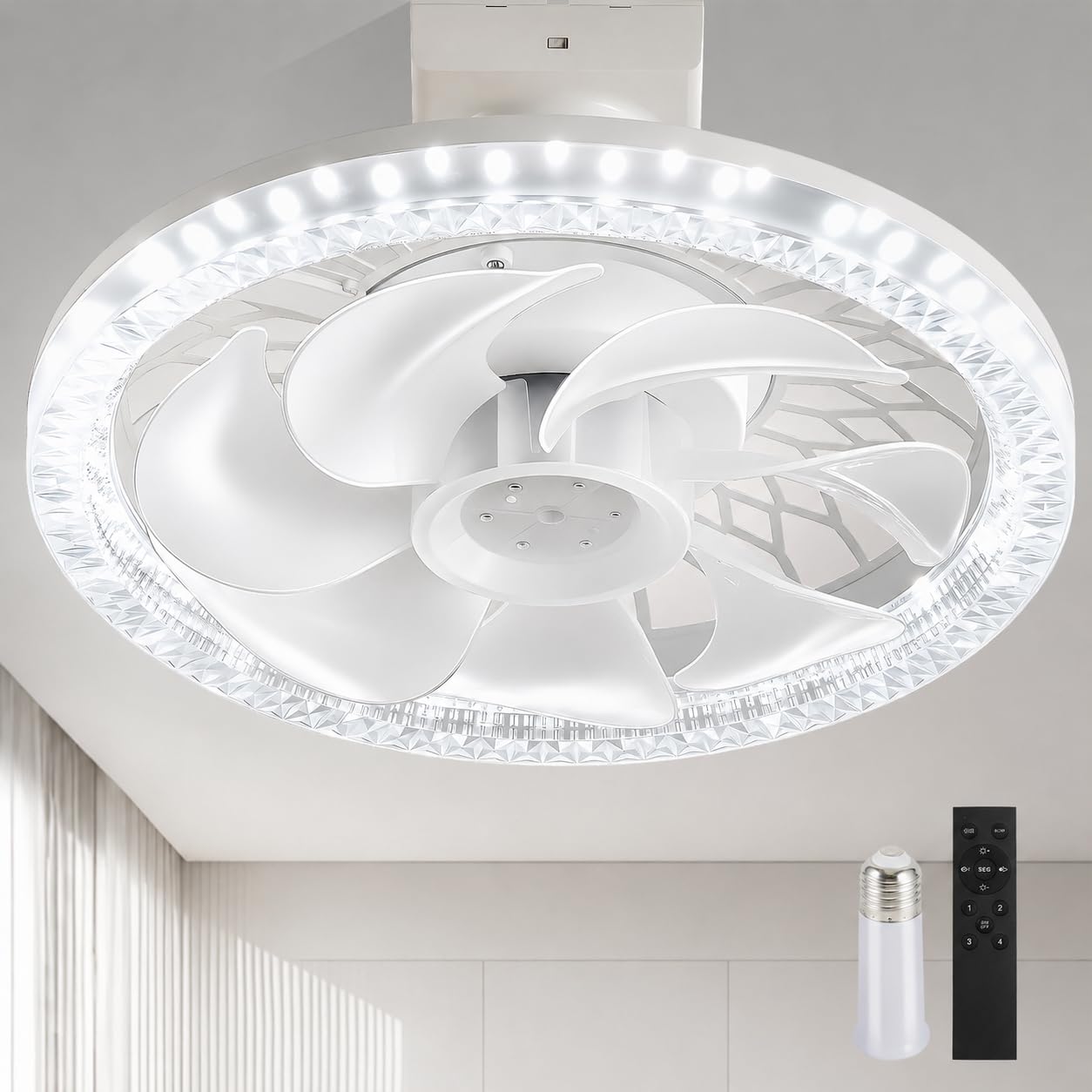Light Socket Fan with Light and Remote Control 12 Inch, Light Socket Ceiling Fan, Screw in Ceiling Fan in Light Socket, Dimmable LED Light Bulb Fan with Remote, 4 Speeds for Bedroom Closet Kitchen