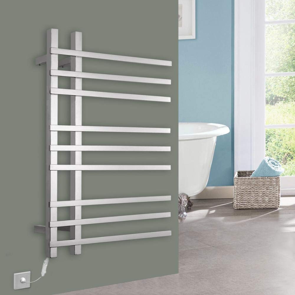 Towel Warmer Wall Mounted Heated Towel Rail Radiator Square Electric Towel Rack Stainless Steel Towel Heater for Home Bathroom 9 Bars