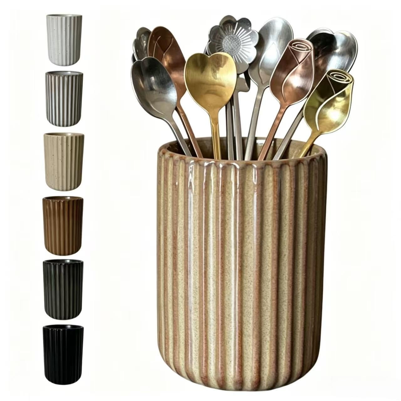 Stoneware Coffee Bar Utensil Holder Tea & Coffee Spoon & Stirrer Holder for Stir Stick Straw Teaspoon Holder Spoon Cup Small Utensil Jar Fluted Vertical Stripe (Rustic Brown)