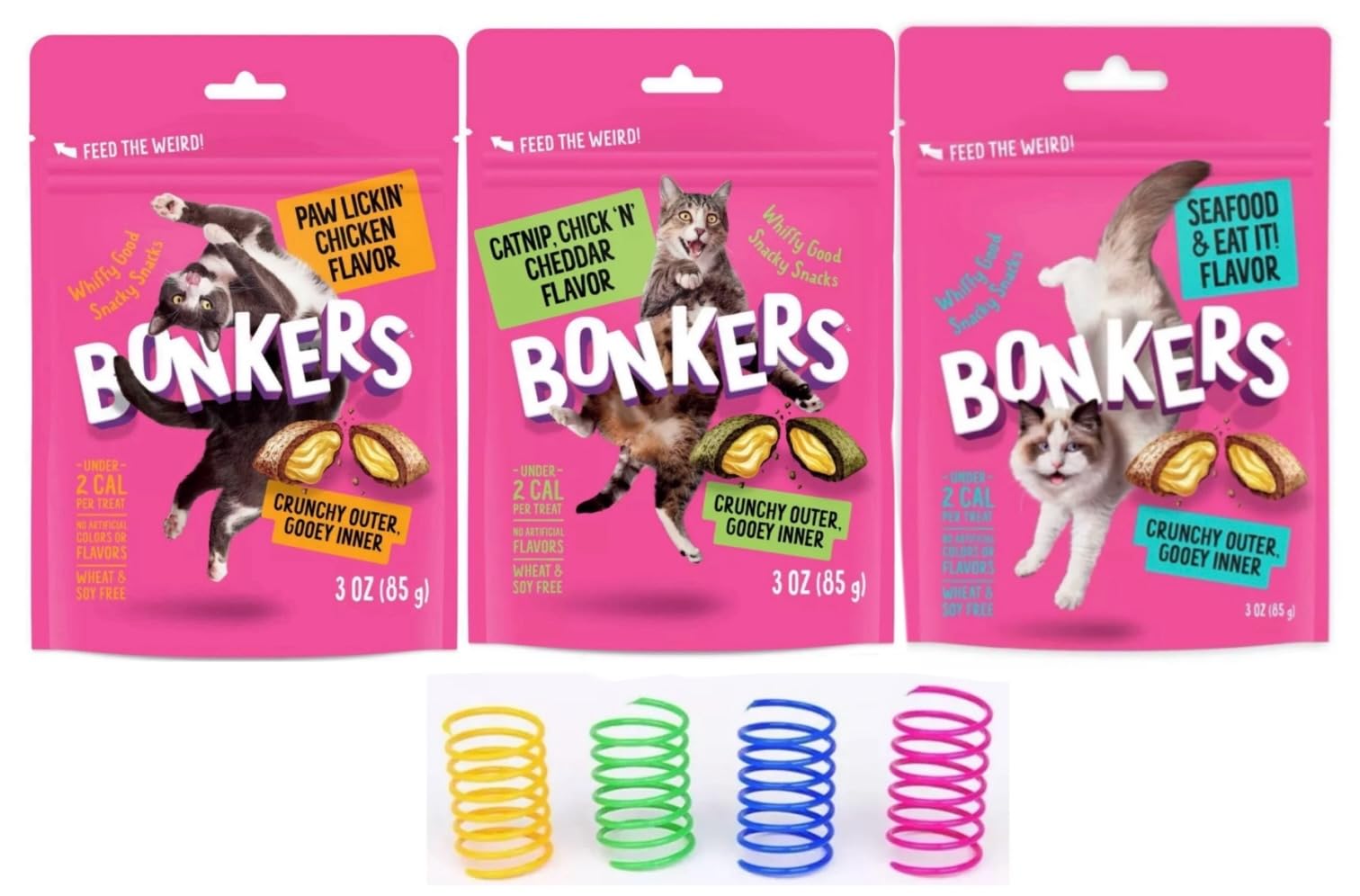 Bonkers Cat Bites, Crunchy & Soft, 3 Oz Resealable Bag, 3 Pack - 1 Paw Lickin' Chicken, 1 Catnip Chick N' Cheddar, and 1 Seafood & Eat It! Flavor, Plus 4 Cat Spring Toys