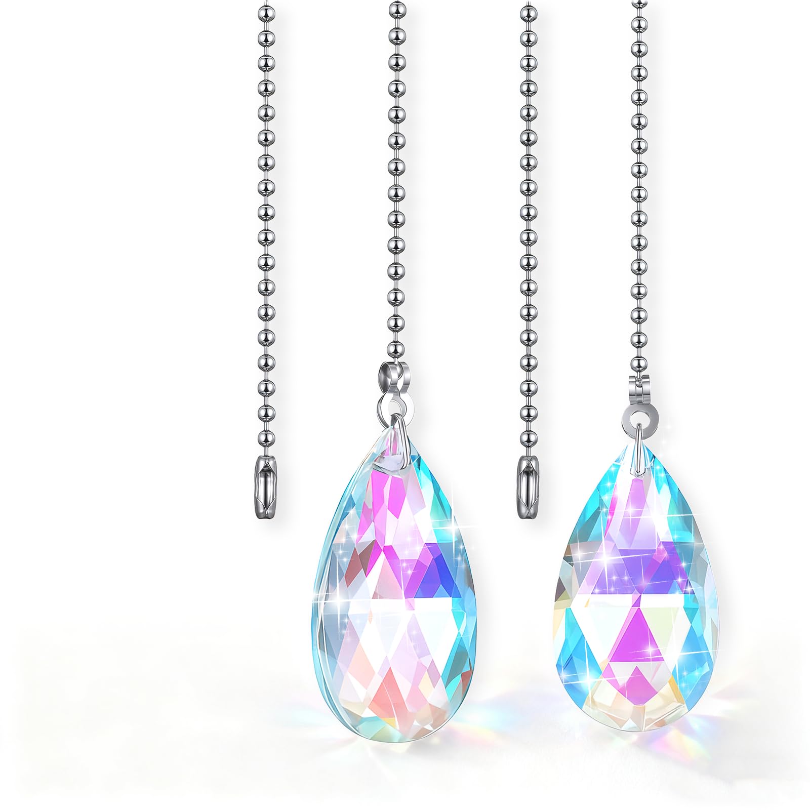 2 Pcs Crystal Ceiling Fan Pull Chains 2" Glass Water Drop Pendants with 20" Ceiling Fan Pull Chain Extender and Connector Decorative Rainbow Pulls Chain Extension for Bathroom Toilet Light Ceilings