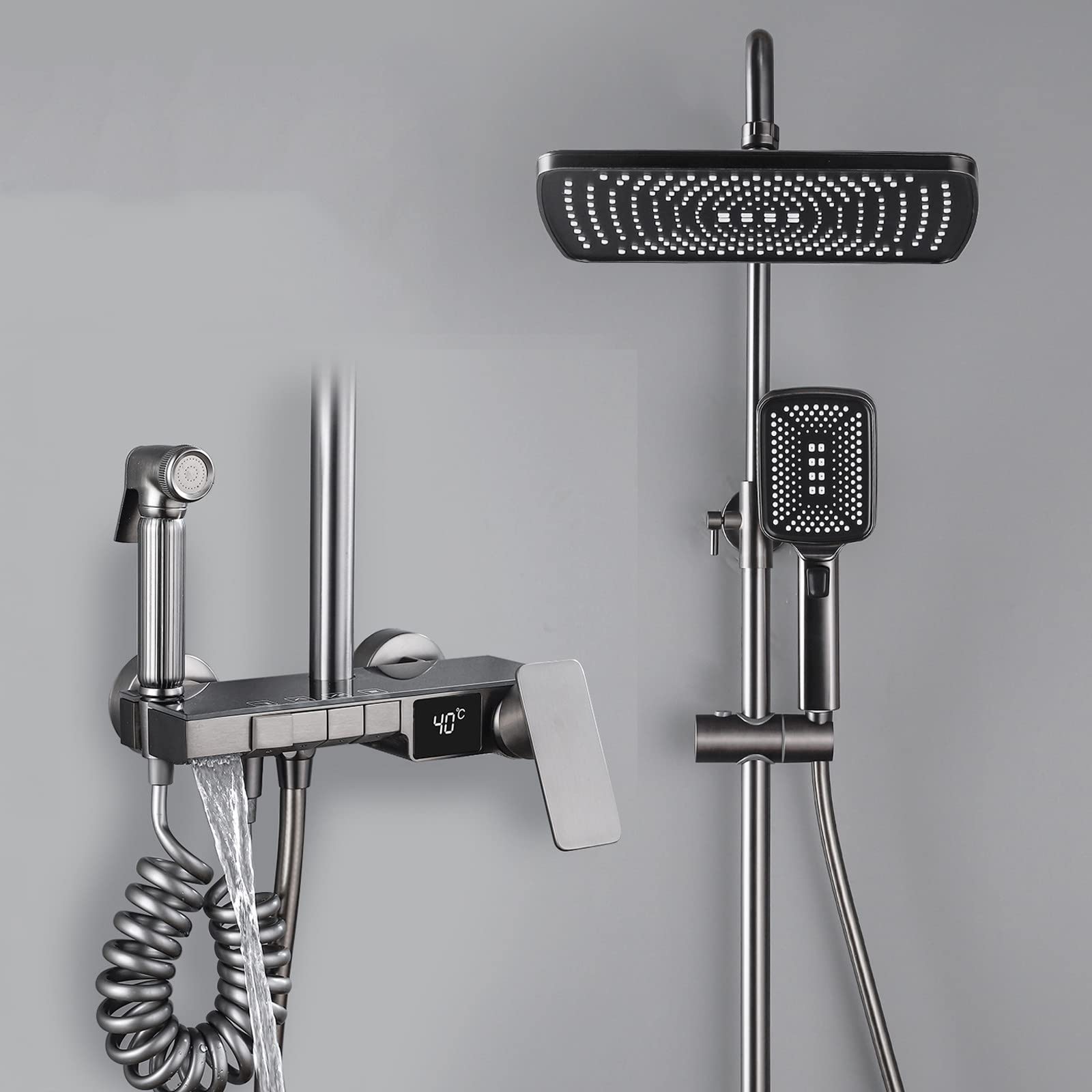 Shower Set Gray Digital Display Shower System Bathroom 4 Function Shower Fixtures with Adjustable Rain Shower Head and 3 Mode Handheld Spray Wall Mounted Brass Shower Fauce