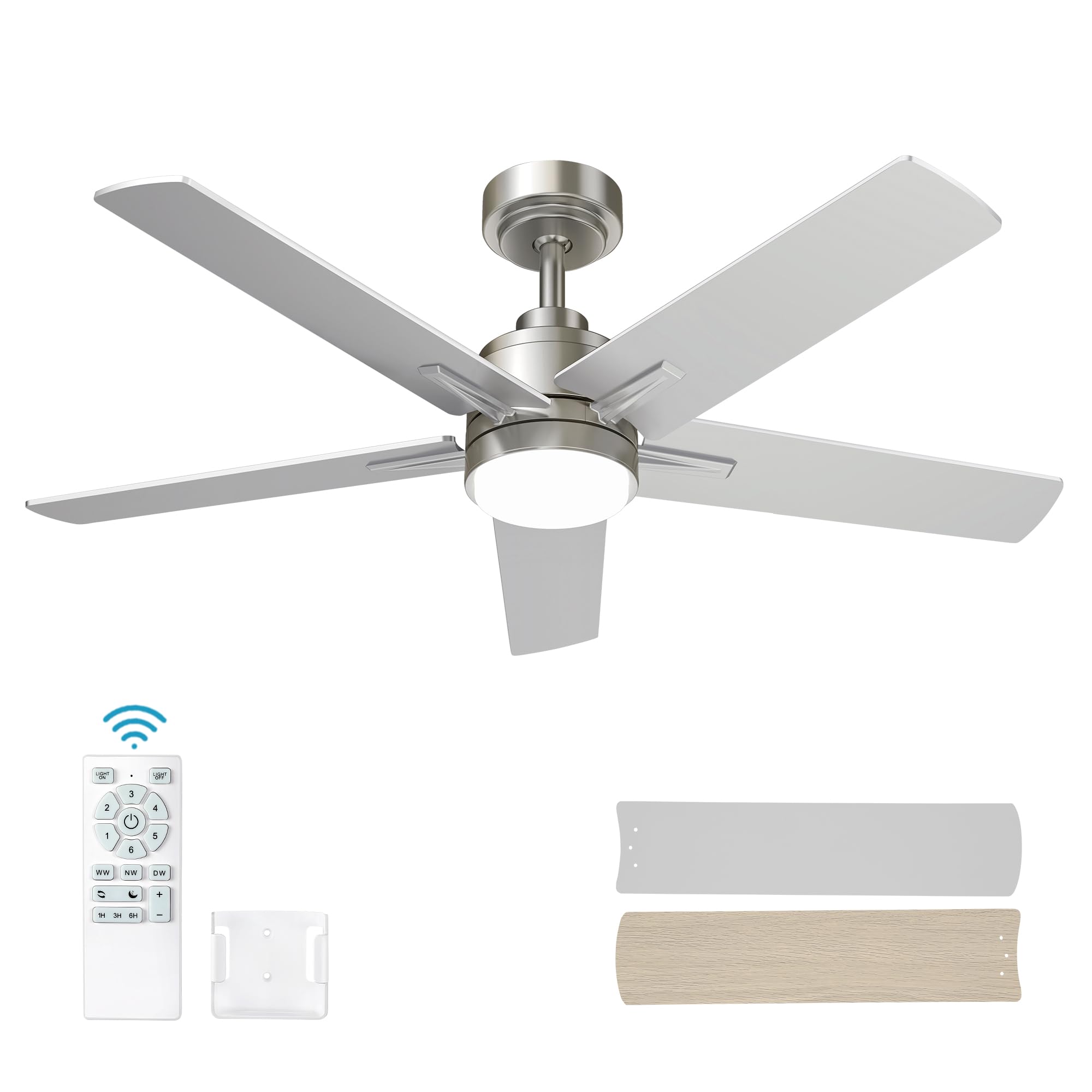 52 Inch Brushed Nickel Ceiling Fan with Light and Remote Control,Dimmable 3 Color Temperatures LED Ceiling Fan,6 Speeds Reversible DC Motor,5 Blades Modern Ceiling Fans for Indoor or Covered Outdoor