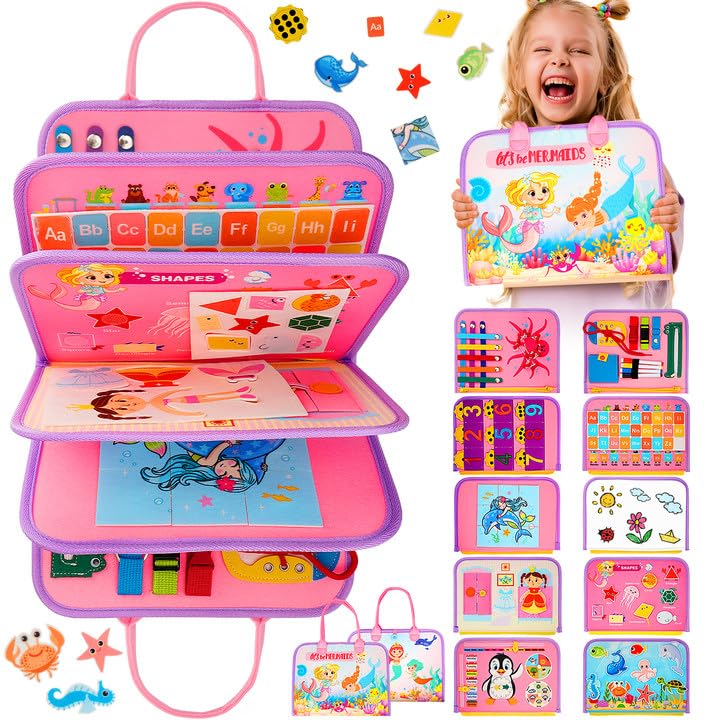 SaFeli Toddler Busy Board, Montessori Toys for Toddler Girl Birthday Gifts, Learning Toys Sensory Busy Book Toys for Toddlers, Travel Educational Book for Airplane Car | Birthday Gift for Girls, Pink