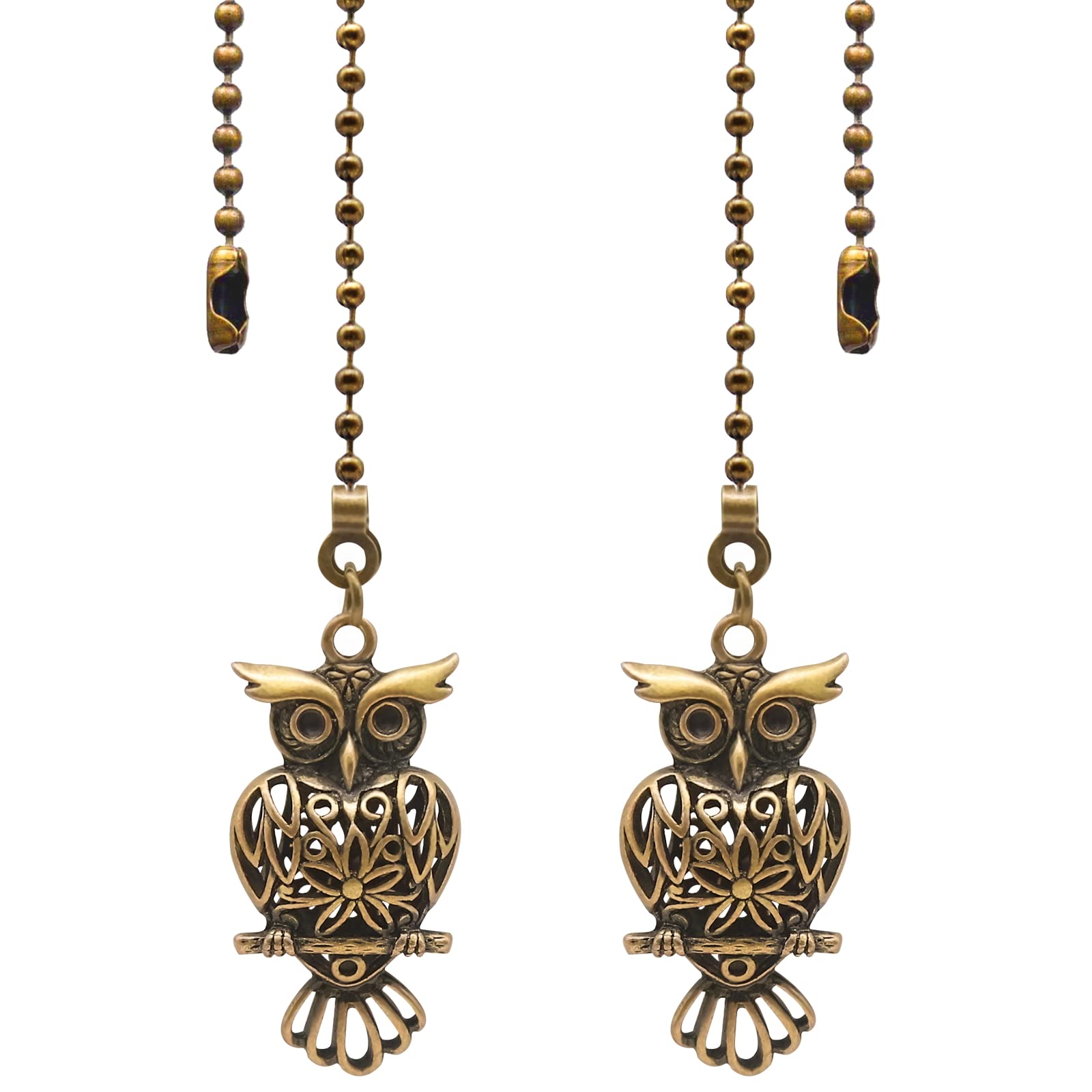 2Pack Vintage Owl Ceiling Fan Pull Chain, Bronze String Charm Decorative Extension, 14in 3mm Beaded Core Extender Ornament with Connector for Fan Wall Lamp