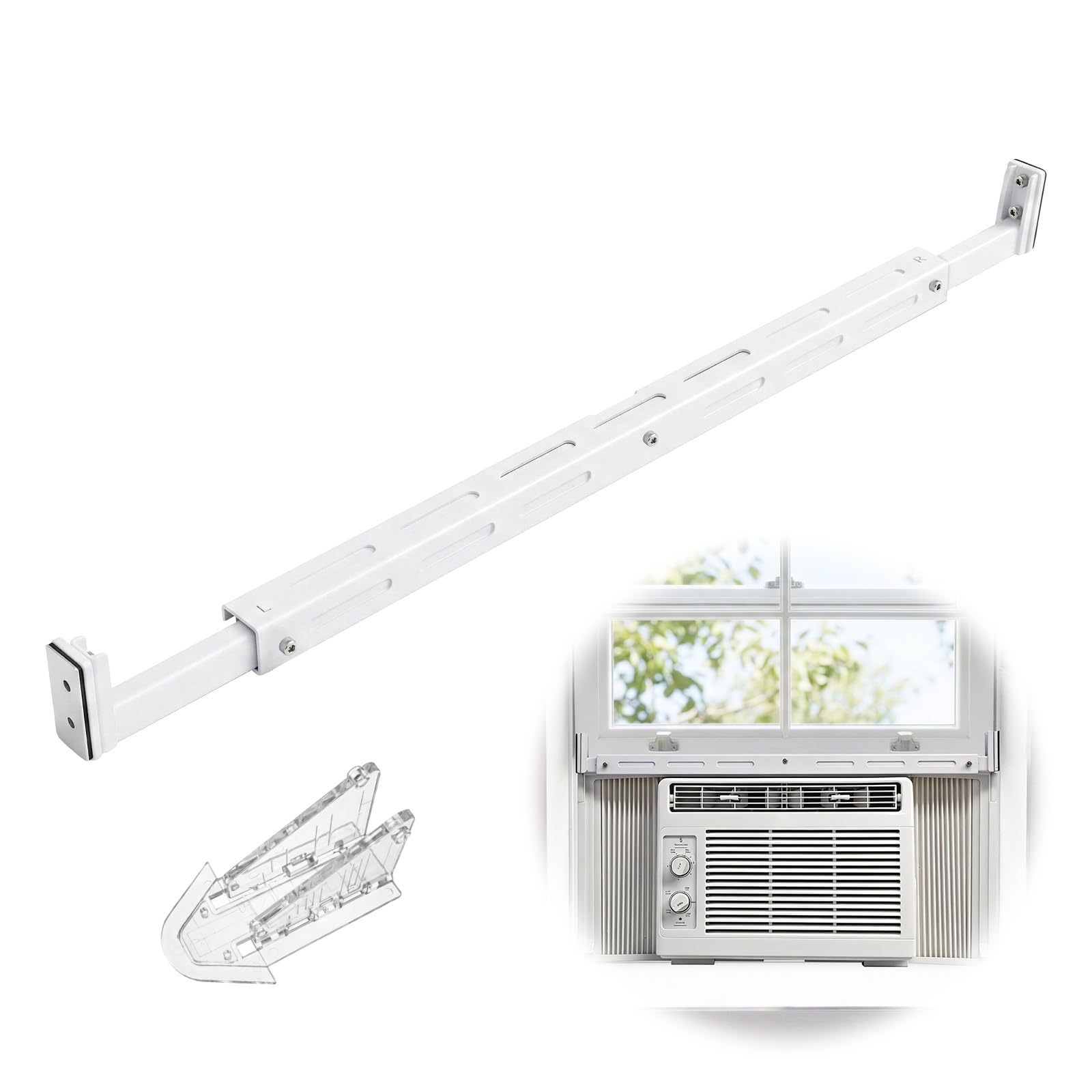Window AC Bracket - No Drill, 25"-47" Adjustable, Anti-Condensation Backflow with Child Safety Lock, Heavy Duty 300+ LBS Load, Quick Install & Detachable for Single & Double-Hung Windows