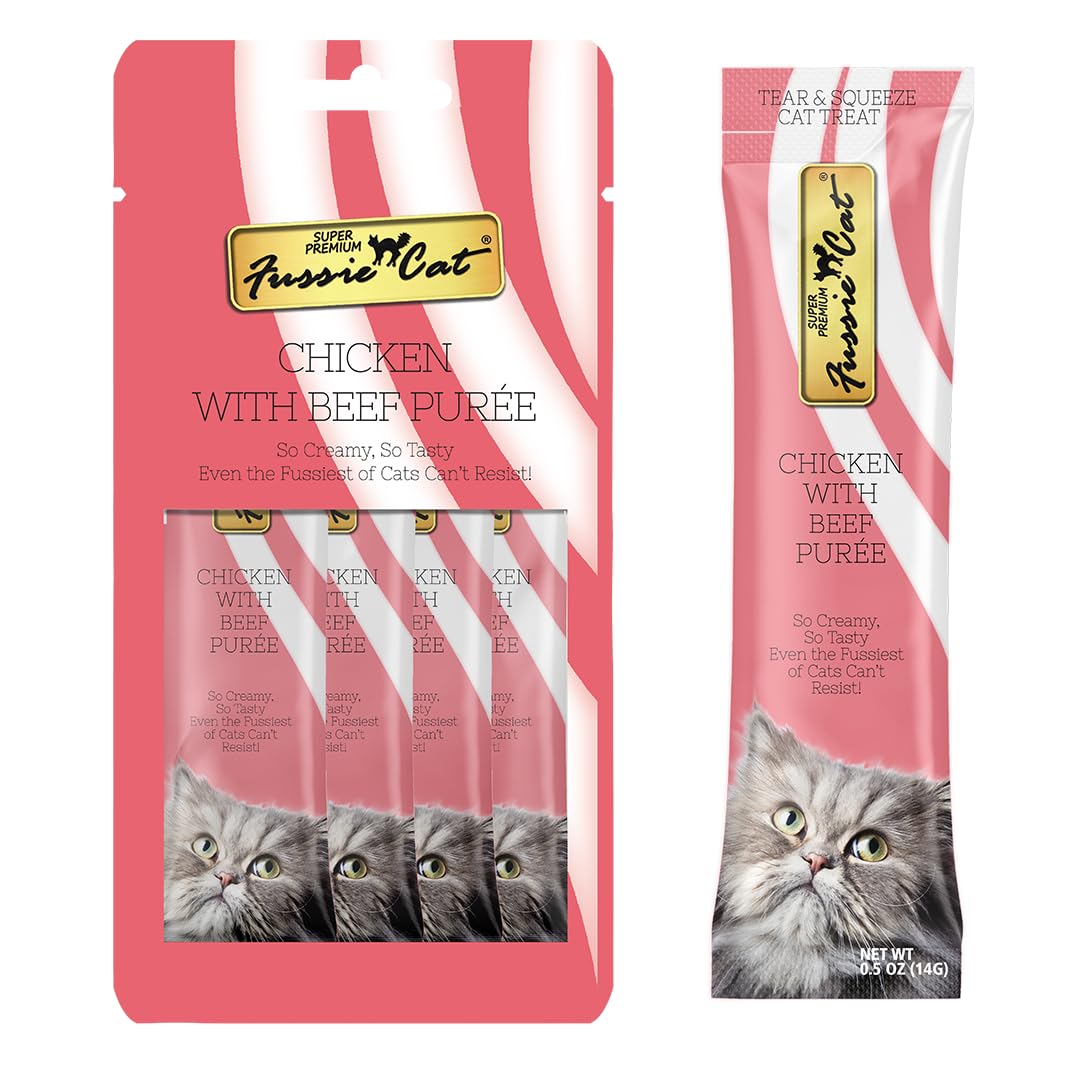 Fussie Cat Chicken and Beef Puree, lickable cat Treats, 0.5oz Pouch Pack of 4