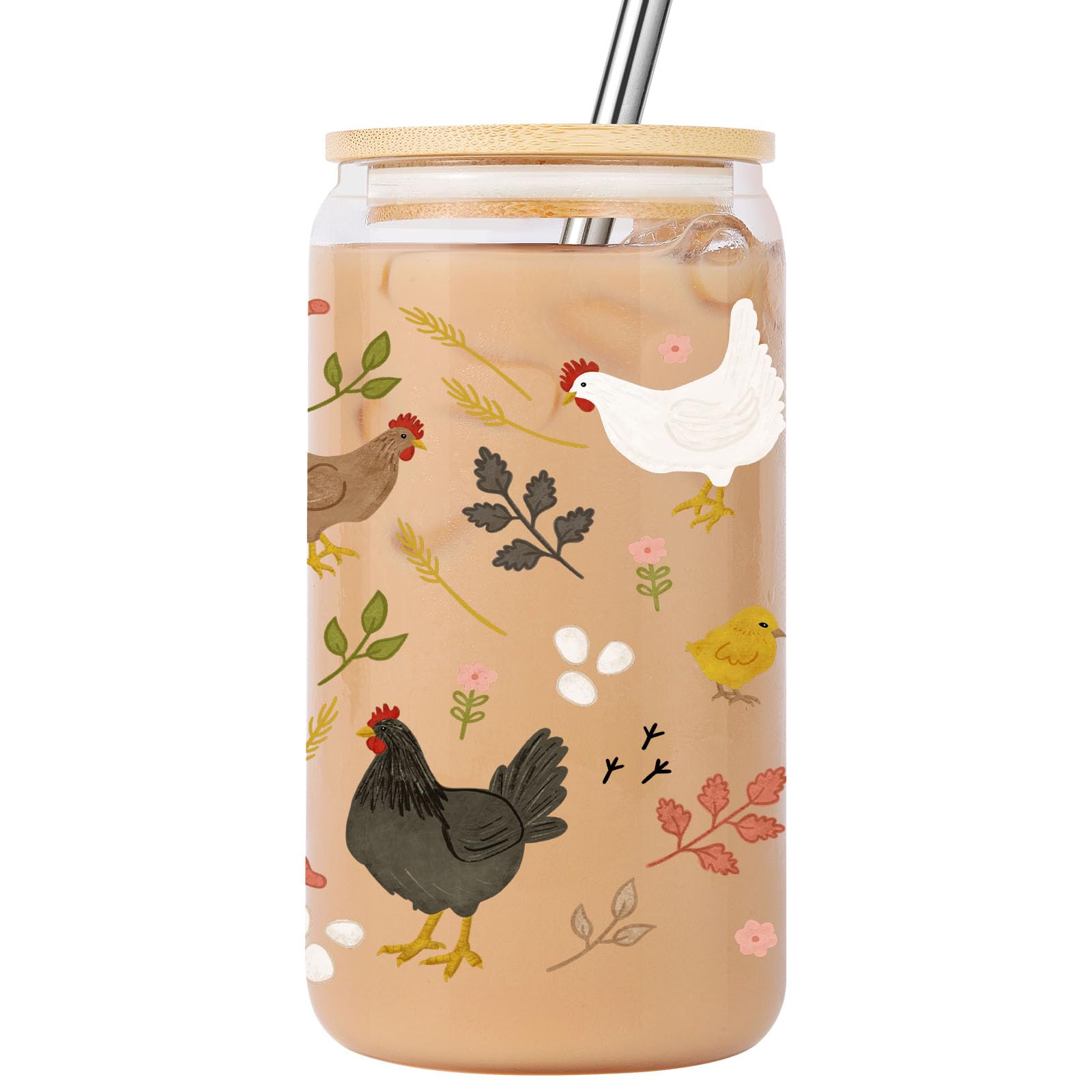 16 oz Cottagecore Glass Cup w/Lid & Straw, Funny Chicken Gifts for Chicken Lovers, Women, Men, Owners, Mom, Her, Farmer, Crazy Chicken Lady Gifts, Cute Mothers Day, Farmhouse, Rooster Decor