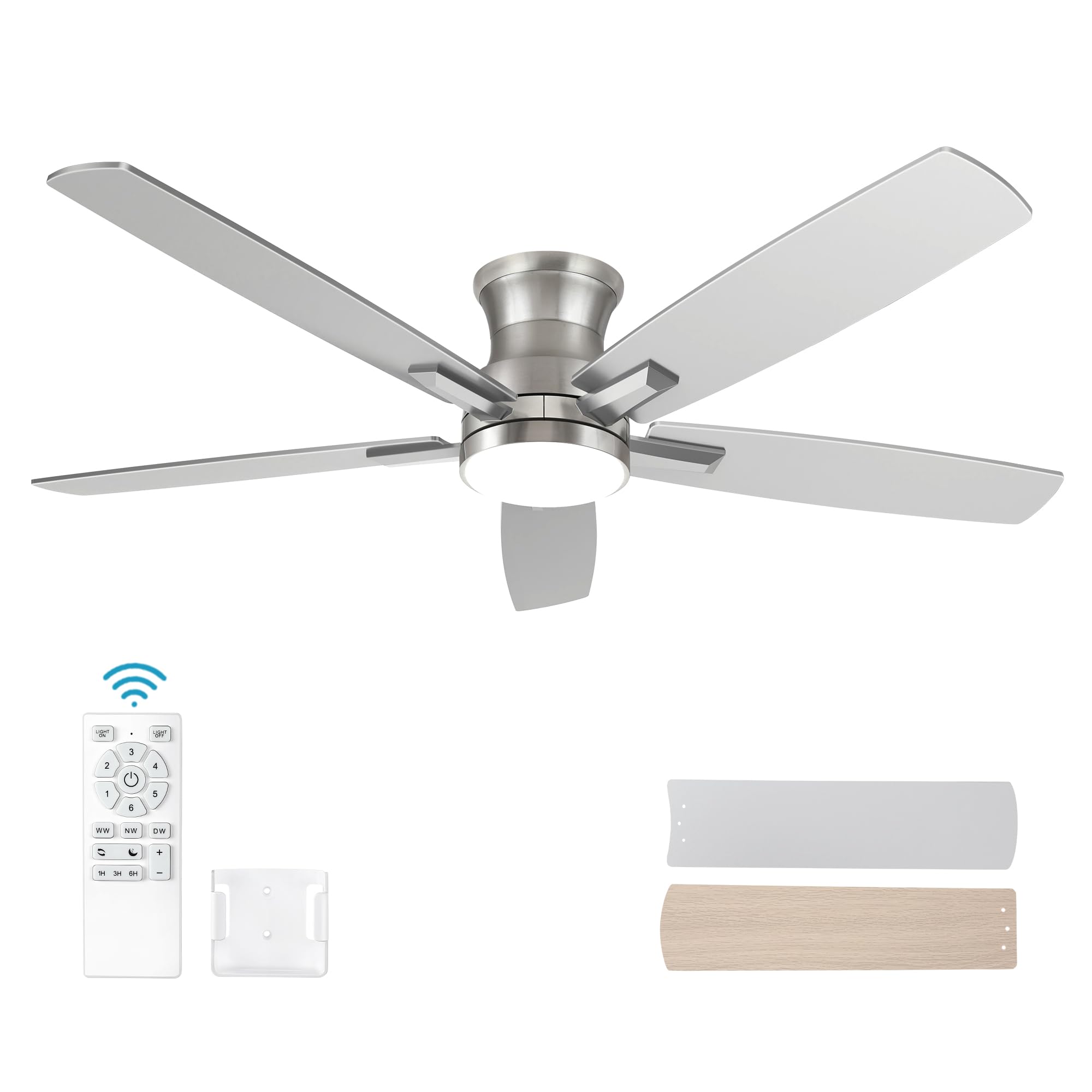 52 Inch Flush Mount Brushed Nickel Ceiling Fan with Light and Remote Control.Noiseless,Dimmable,3CCT,6 Speeds Reversible, Low Profile DC Ceiling Fans for Indoor or Covered Outdoor Use,ETL Listed