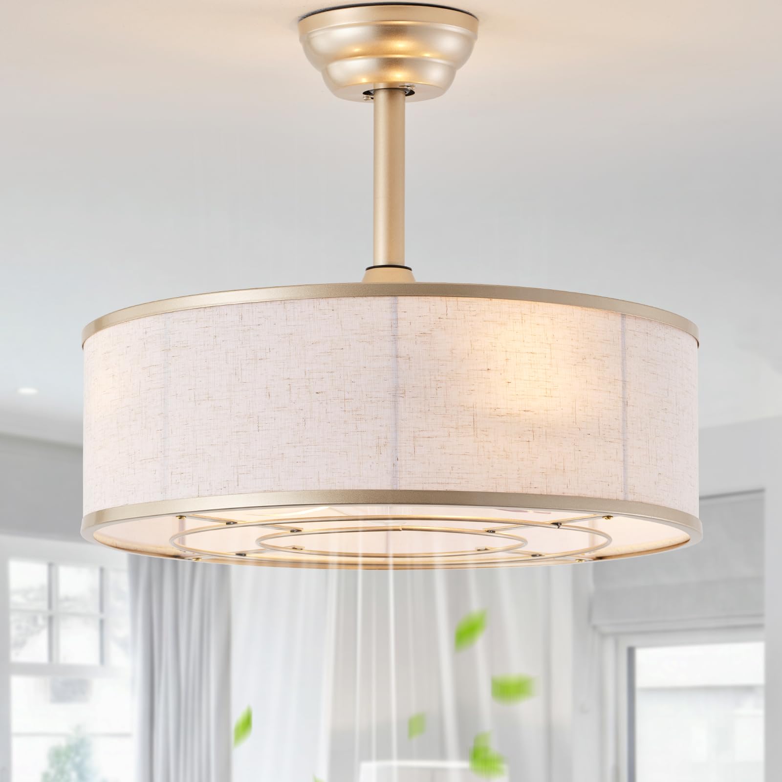20" Gold Caged Boho Fandelier Ceiling Fan with Light & Remote Control - Bladeless Chandelier Fan, 6 Speed Quiet Reversible Motor for Bedroom, Nursery, Living Room