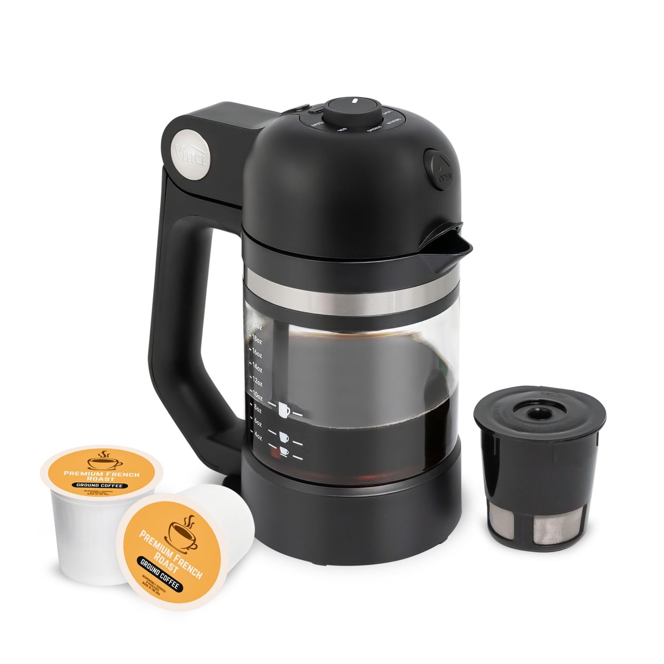 VINCI Micro Café Smallest Single-Serve Glass Coffee Brewer | Compatible with K-Cups, Pods & Ground Coffee | Enclosed & Circle Flow Brewing for Hotter, Richer Flavor | Brews 4oz to 20oz (Black)