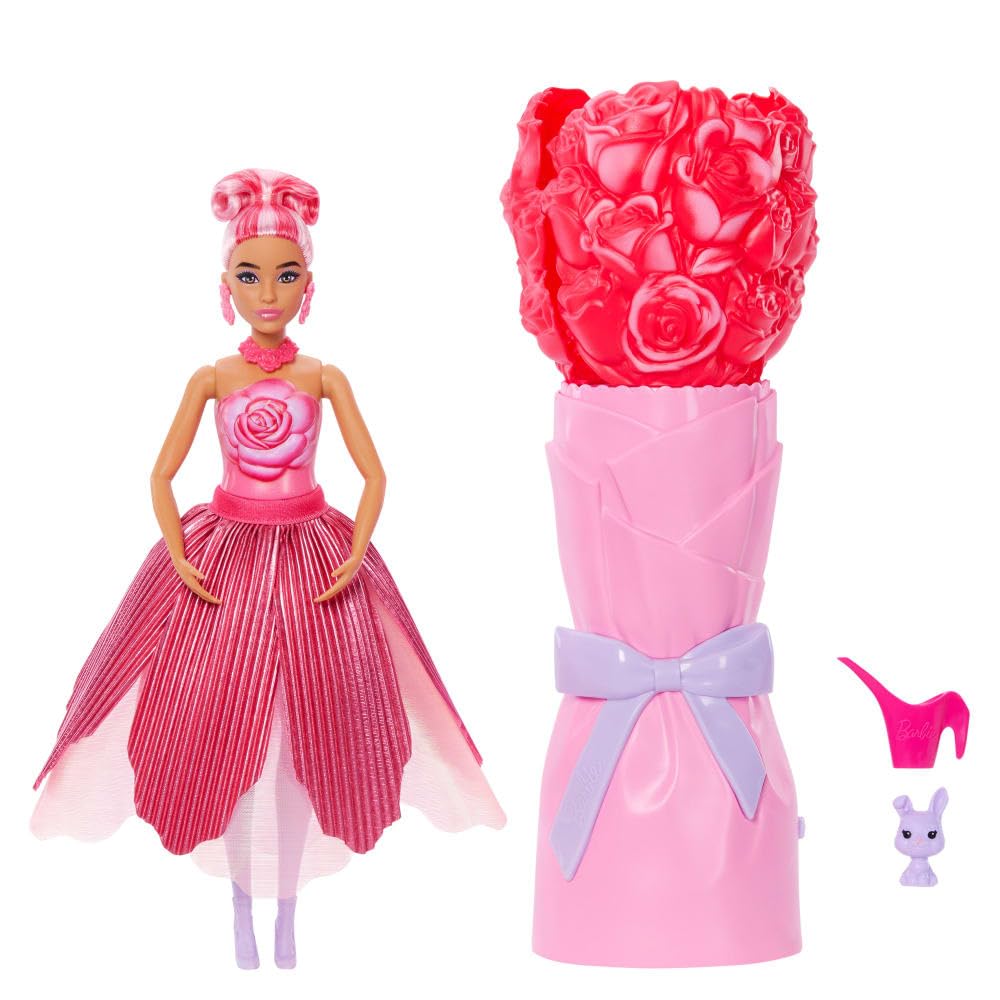 Barbie Petal Pop Scented Doll with Rose Dress & Accessories, Bouquet Reveal with Pet Bunny & Surprises Like Watering Can, Necklace & Earrings???