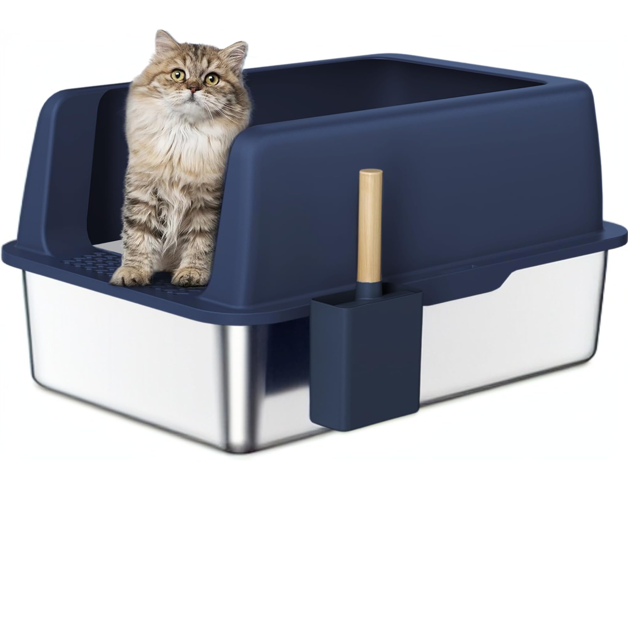 Stainless Steel X-Large Semi-Enclosed Litter Box kit for Multiple Cats, Matching Scooper and Holder Included, High-Sided, Easy to Clean (Navy Blue)