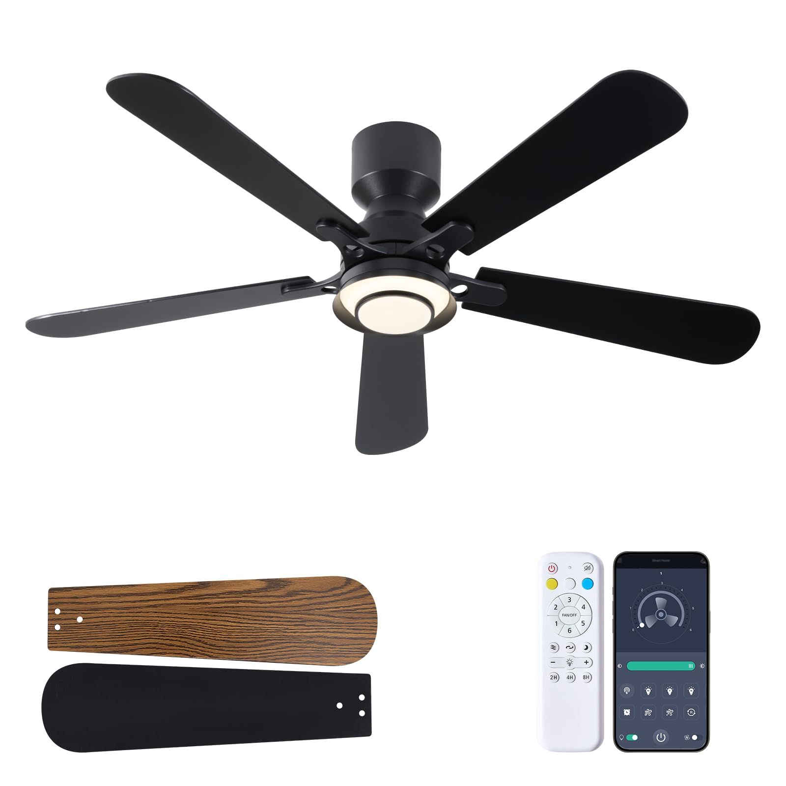 52 Inch Ceiling Fan with Light, Flush Mount Low Profile, Remote & APP Control, Quiet 6-Speed Reversible Motor, Dimmable LED with 3CCT, Ceiling Fan for Bedroom, Living Room, Apartment, Black
