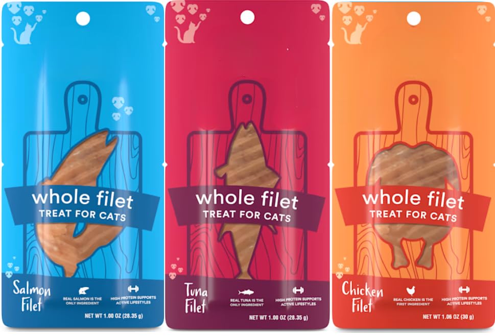 Cat Filet Treats Variety Pack - Chicken Tuna Salmon 3 Flavors - Soft High Protein Single Ingredient All Natural Cat Treats - Grain Free Healthy Cat Snacks Food Topper for Picky Eaters - 3oz (3x1oz)