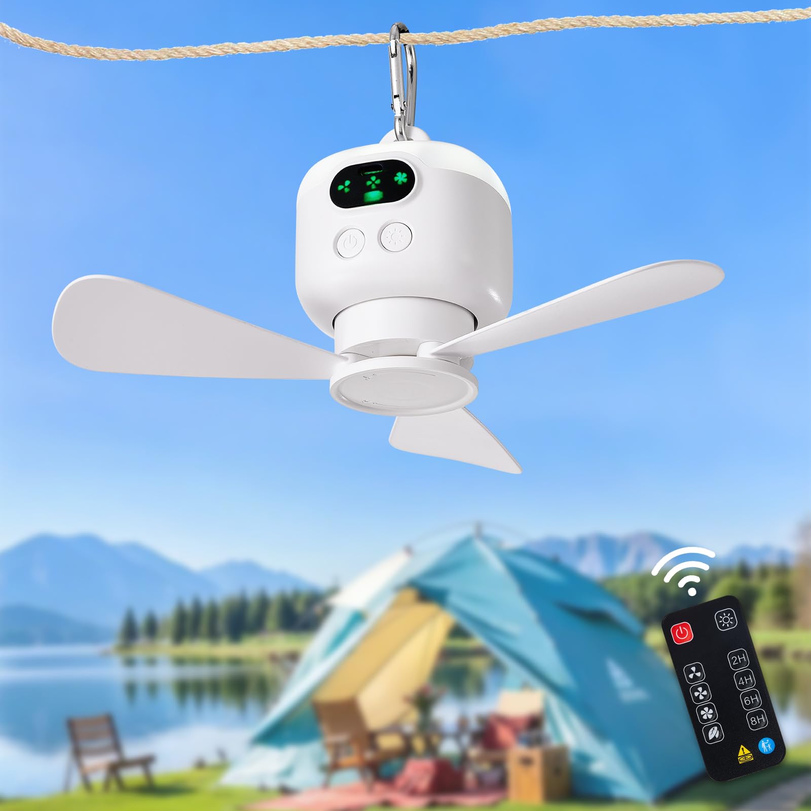 Battery Operated Ceiling Fan: 11" Portable Camping RV Tent Fan with Lights - Outdoor Hanging Rechargeable 8000mAh - Hook Type Remote Fans for Gazebo Patio Canopy Beach Dormitory Bedroom 5V/2A