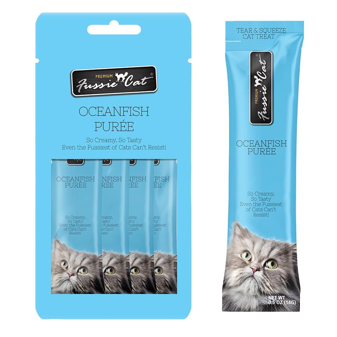 Fussie Cat Ocean Fish Puree, lickable cat Treats, 0.5oz Pouch Pack of 4