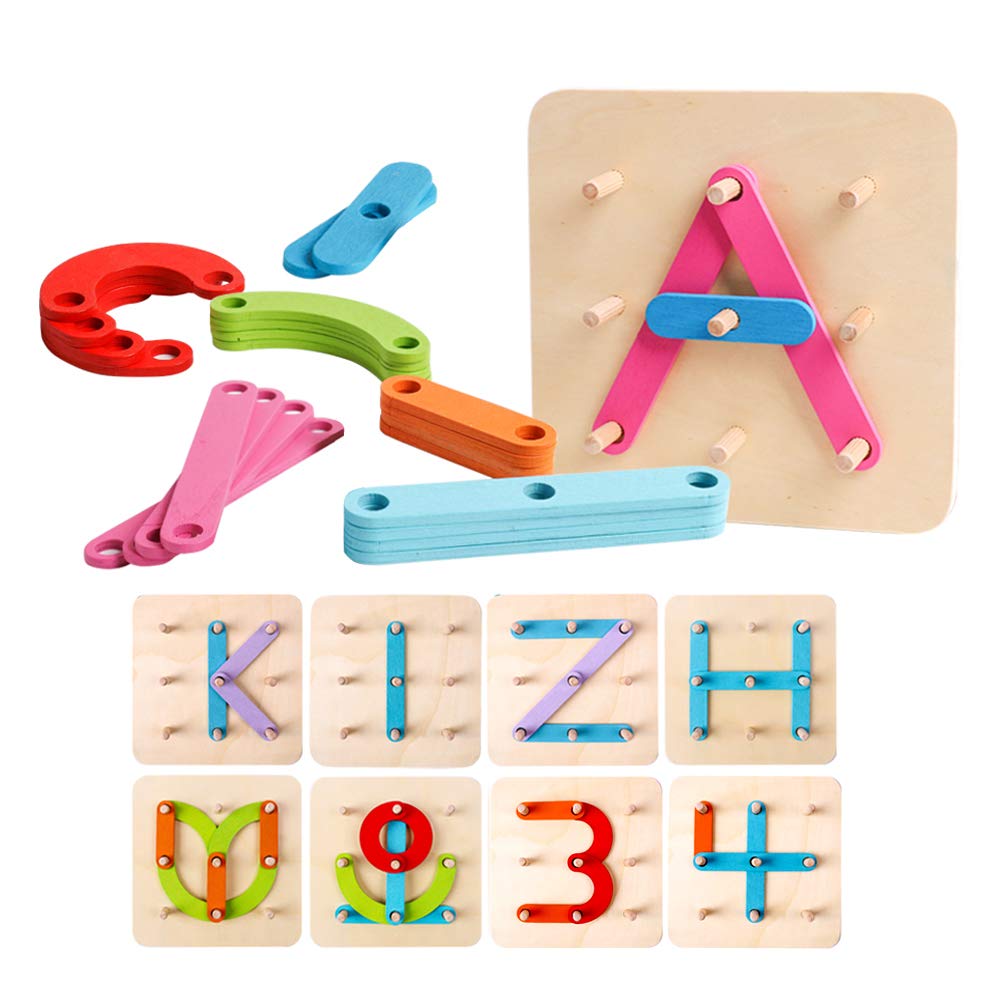 kizh Wooden Letter and Number Construction Activity Set Educational Preschool Toys Shape Color Recognition Pegboard Sorter Set Board Blocks Stack Sort for Toddler Kids Boys Girls Toy