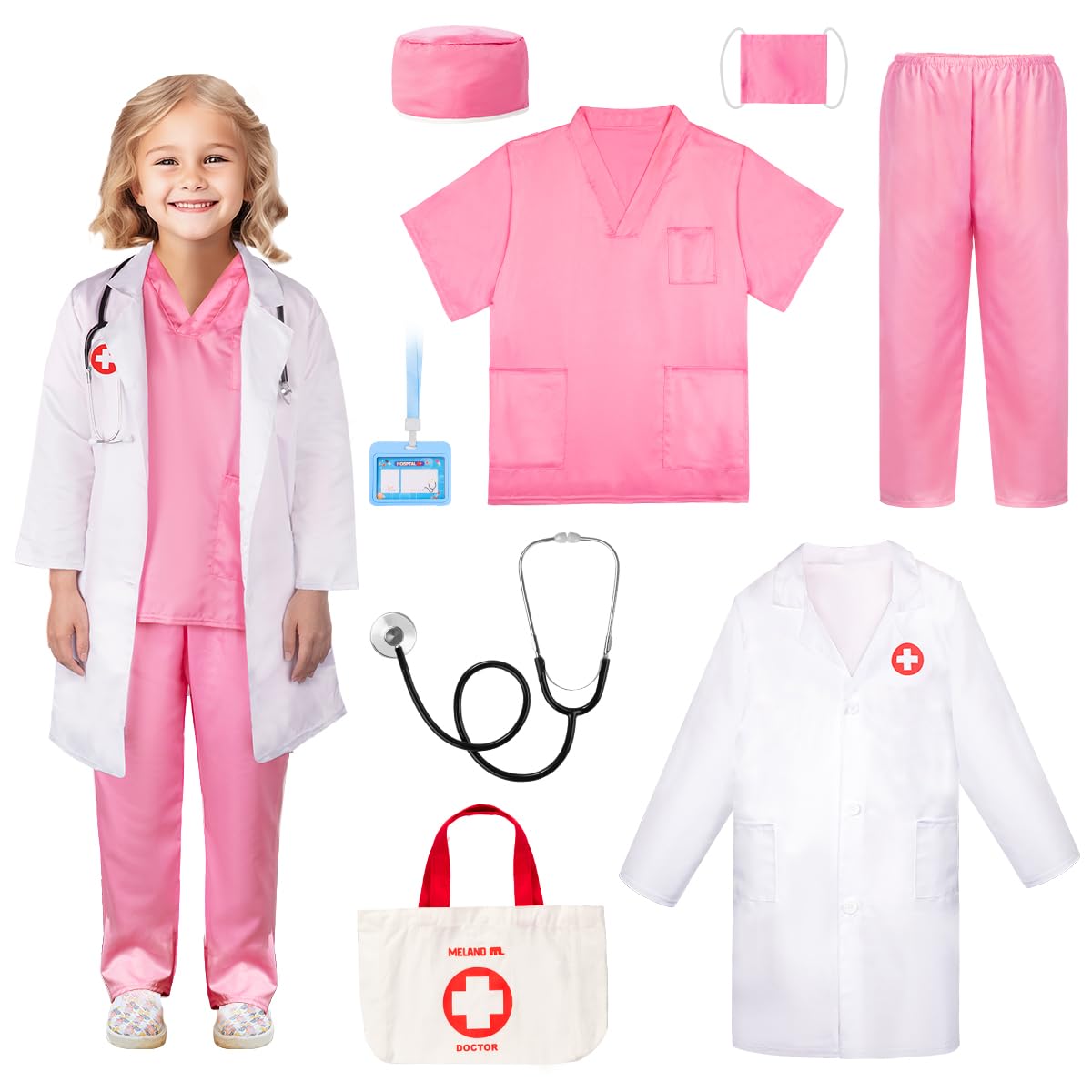 Meland Doctor Costume for Kids 3-10, Kids Pretend Play Doctor Dress Up with Medical Toys, Career Exploration Role Play Toy