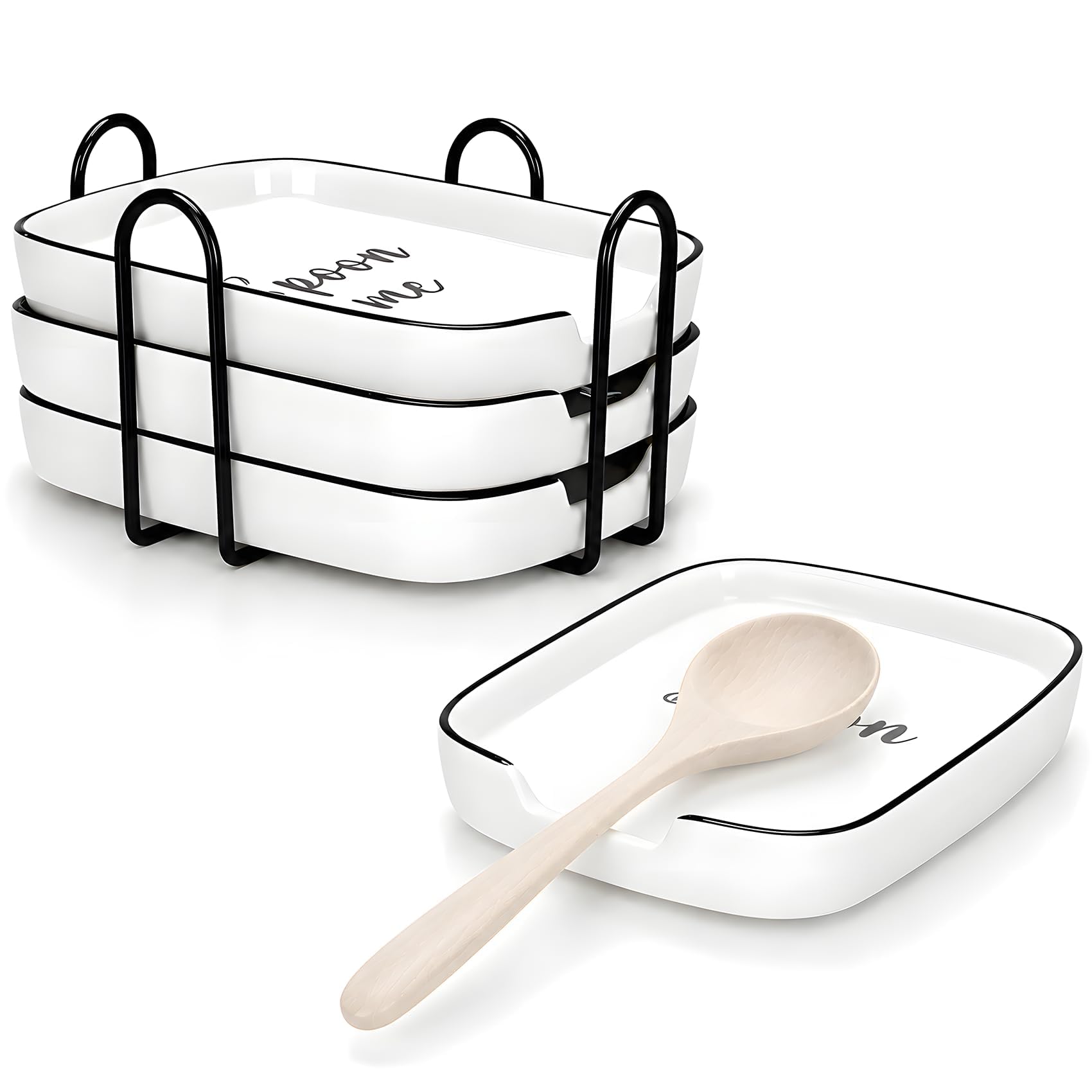 4 Pack White Ceramic Spoon Rest for Stove Top, Durable Spoon Rest Set with Metal Holder, Heat-Resistant Cooking utensils Rest, Large Spoon Rest for Kitchen Counter, Modern Farmhouse Kitchen Décor