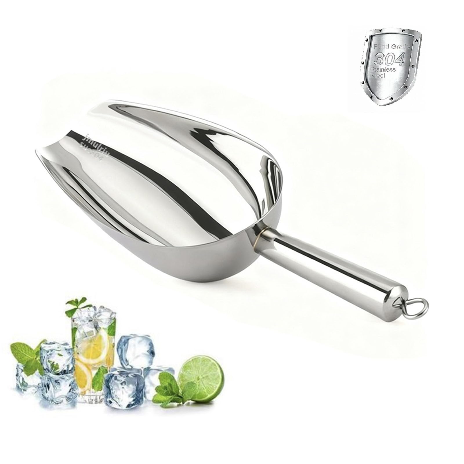 12 Oz 304 Stainless Steel Ice Scoop with Magnetic Hook - Heavy Duty Commercial Ice Shovel for Ice Maker & Freezer, Large Scooper for Bar, Kitchen, Party & Pet Food, Easy to Clean (Silver)